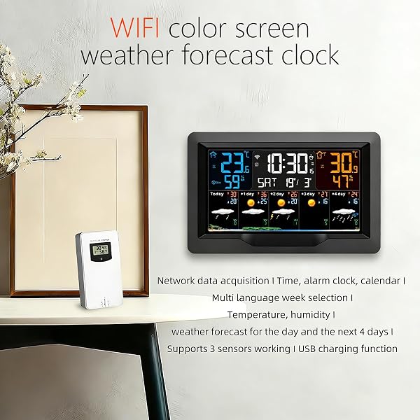 Station météo sans fil intérieure et extérieure - Connectée en Wi-Fi avec prévisions à 5 jours, écran à 4 niveaux de luminosité réglables, capteur de température et d'humidité - 2