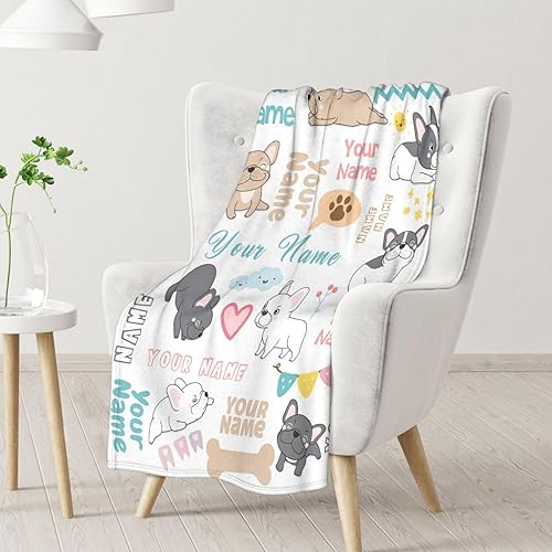 Miniatura 4 de Manta de bulldog francés con nombre personalizado para niñas y niños, 40 x 50 pulgadas, tamaño de cuna, manta suave y cálida y mullida, manta blanca