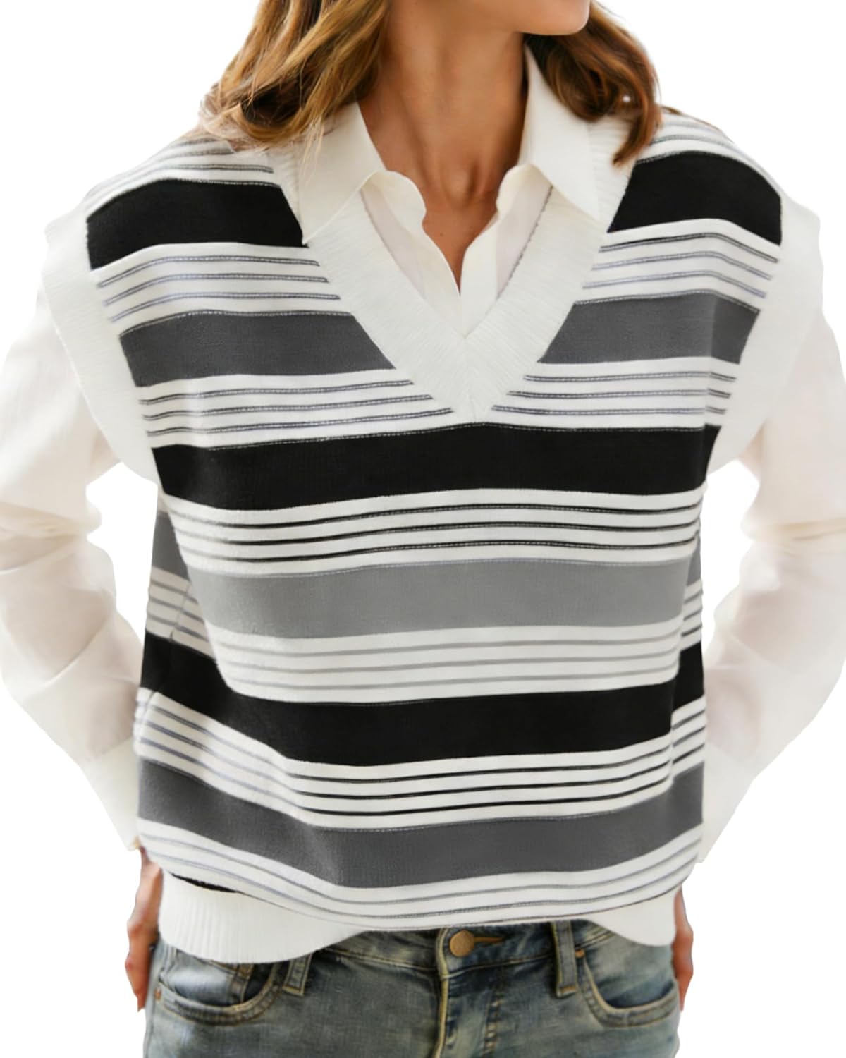 Womens Cap Sleeve Sweater Vest Striped Color Block V Neck Sleeveless Tank Top Loose Summer Sweater Vest Tops