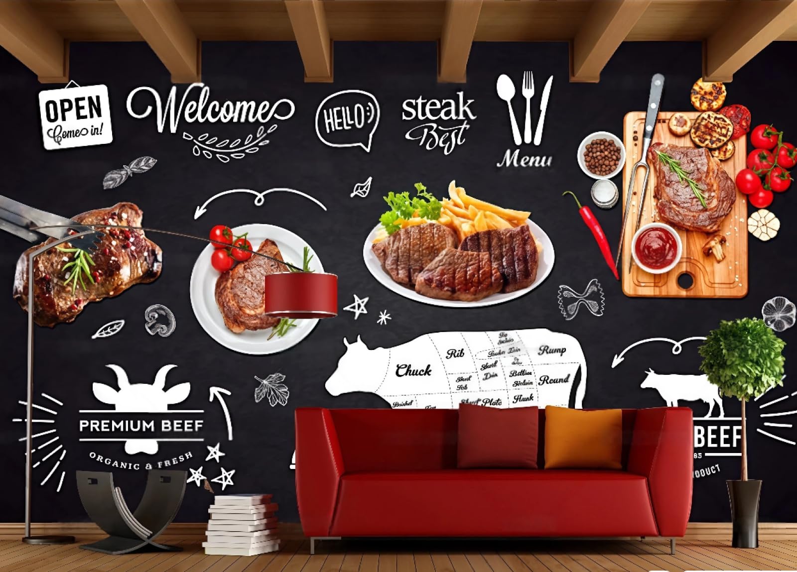 rskjdghshd Wallpaper Retro Blackboard Hand-Painted Steak Western Restaurant Dessert Cake Shop Background Wall Wallpaper Drinks Coffee Shop Mural,3D,430x300cm