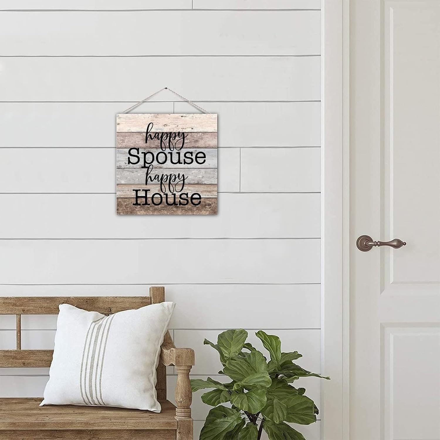 Nostalgic Wood Sign Plaque Happy Spouse Happy House Rustic Wooden Plank Hanging Plaque Welcome Plaque Aesthetic Wood Wall Hanging Plaque for Bedroom Yard Wall Hanging Decor 12x12 Inch
