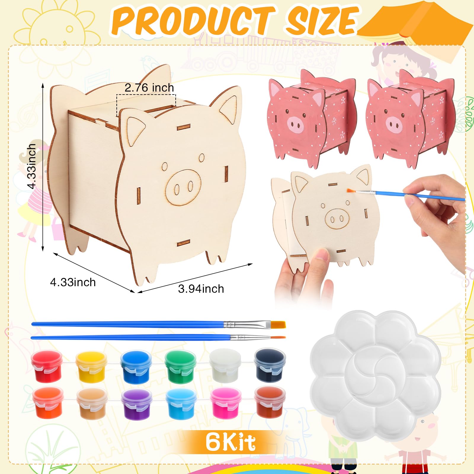 Weysat 24 Set DIY Holz Sparschwein Kit Unvollendete Schwein Münzen Banken Handwerk mit Farbstreifen Pinsel Palette Geld Sparbox Kleine Kleingeldbehälter Kunst Handwerk für Geburtstag Zuhause Festival