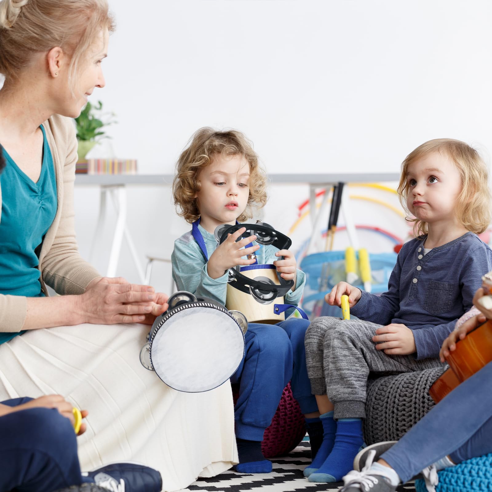 10 panderetas para adultos, juego de percusión musical de mano con cascabeles de metal, pandereta, pie pandereta, martillo de arena, palitos de ritmo de madera, huevos para suministros de fiesta
