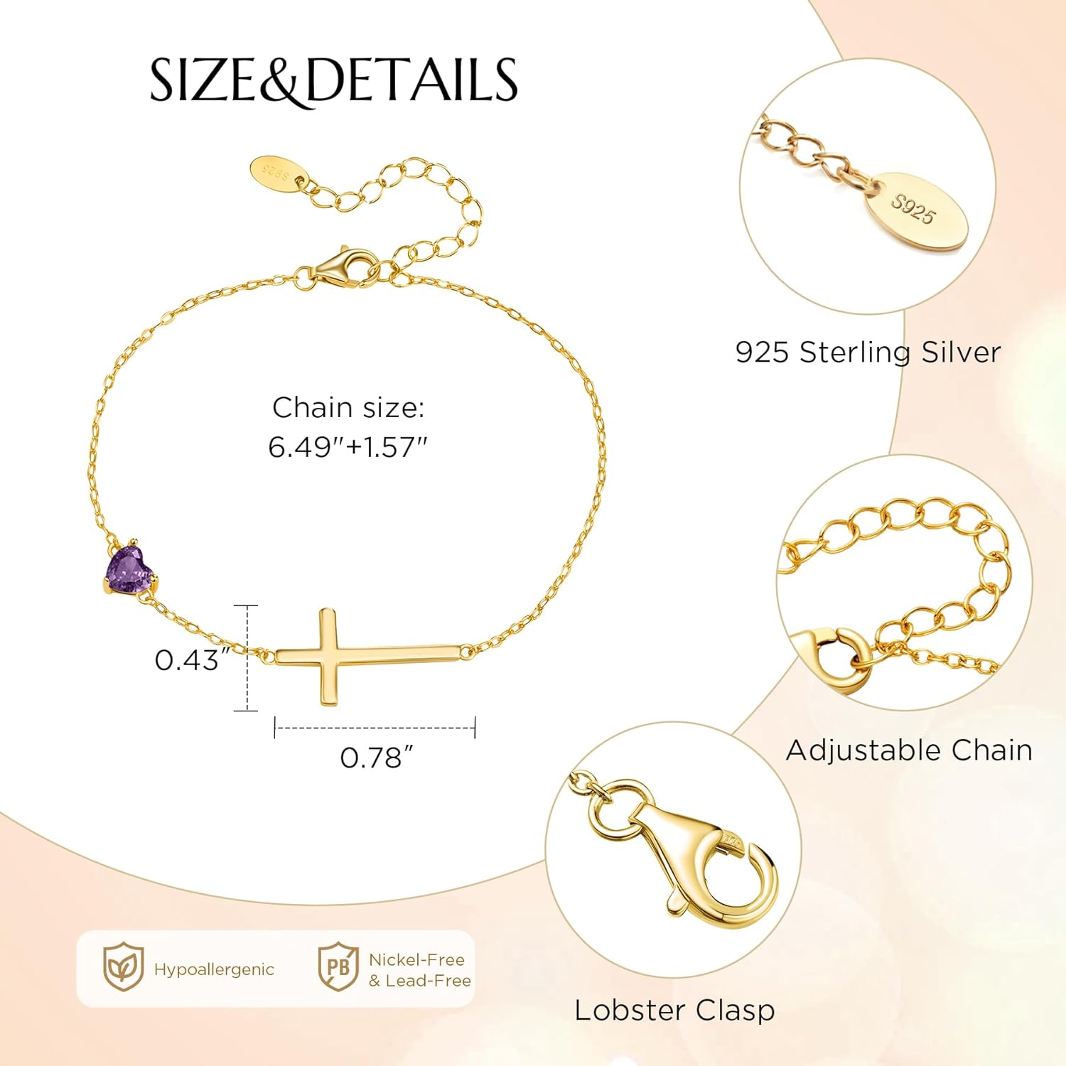 NORBU S925 Cross Bracelet for Women, 18K Gold Plated Sterling Silver Womens Cross Bracelet with Heart Birthstones, Religious Christmas Gift Anniversary Birthday Jewelry for Wife Girlfriend Her - Image 5