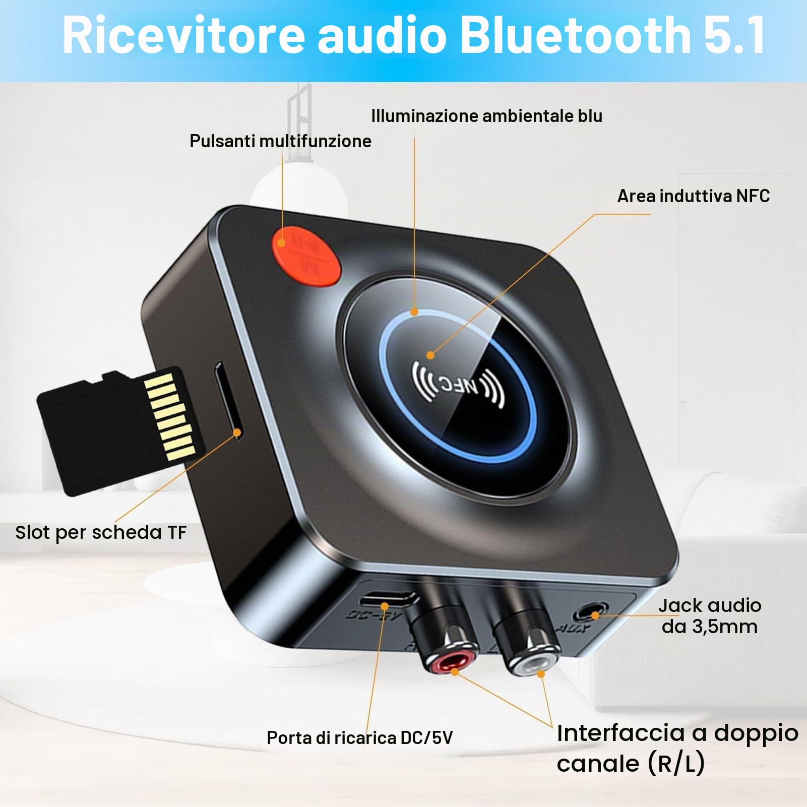 Ricevitore Bluetooth 5.3 HiFi, Adattatore Bluetooth AUX per Stereo Casa, Altoparlante, Amplificatore HiFi, con RCA/AUX Jack 3,5mm per Stereo Casa, Altoparlante, Amplificatore
