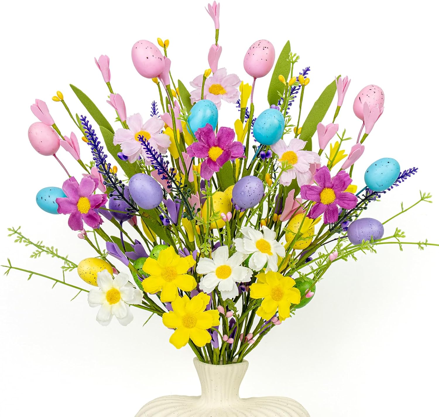 J'FLORU Artificial Easter Flowers 10 Pack Easter Floral Picks 17 Inch Egg Stems with Colorful Daisies and Forsythia for Spring Summer Flower Arrangements Centerpieces
