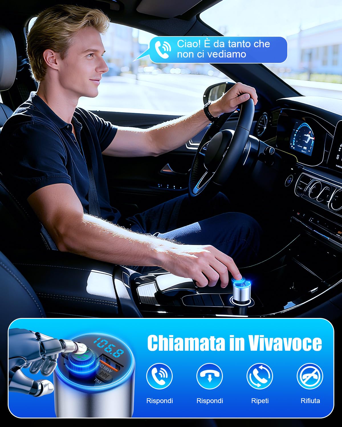 EOIWUY Aggiornato Trasmettitore FM Bluetooth 5.3 per Auto, [Ricarica Rapida] Bluetooth Auto con PD36W & QC3.0, [Suono Hi-Fi Nitido & Potente] Amplificatori Mono Adattatore Bluetooth Accendisigari Car