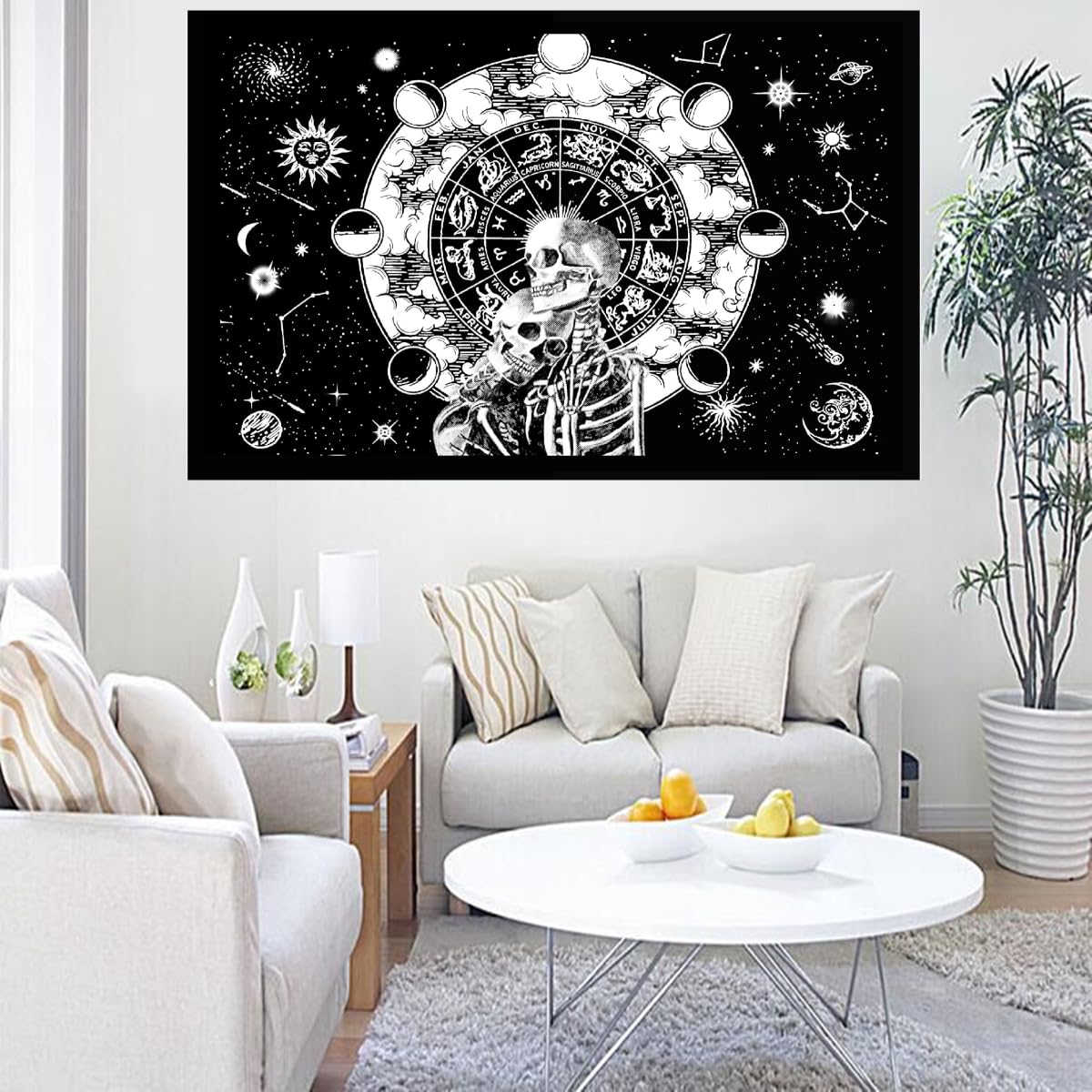 Ava Collections Zodiac Sun Tapestry B/W Zodiac Sun Moon Tapestry Wall Hangings Skeleton Skull Tapestries Wall Art Trippy Hippie Small Bohemian Poster Boho Decor Size 102X76 Cm ()