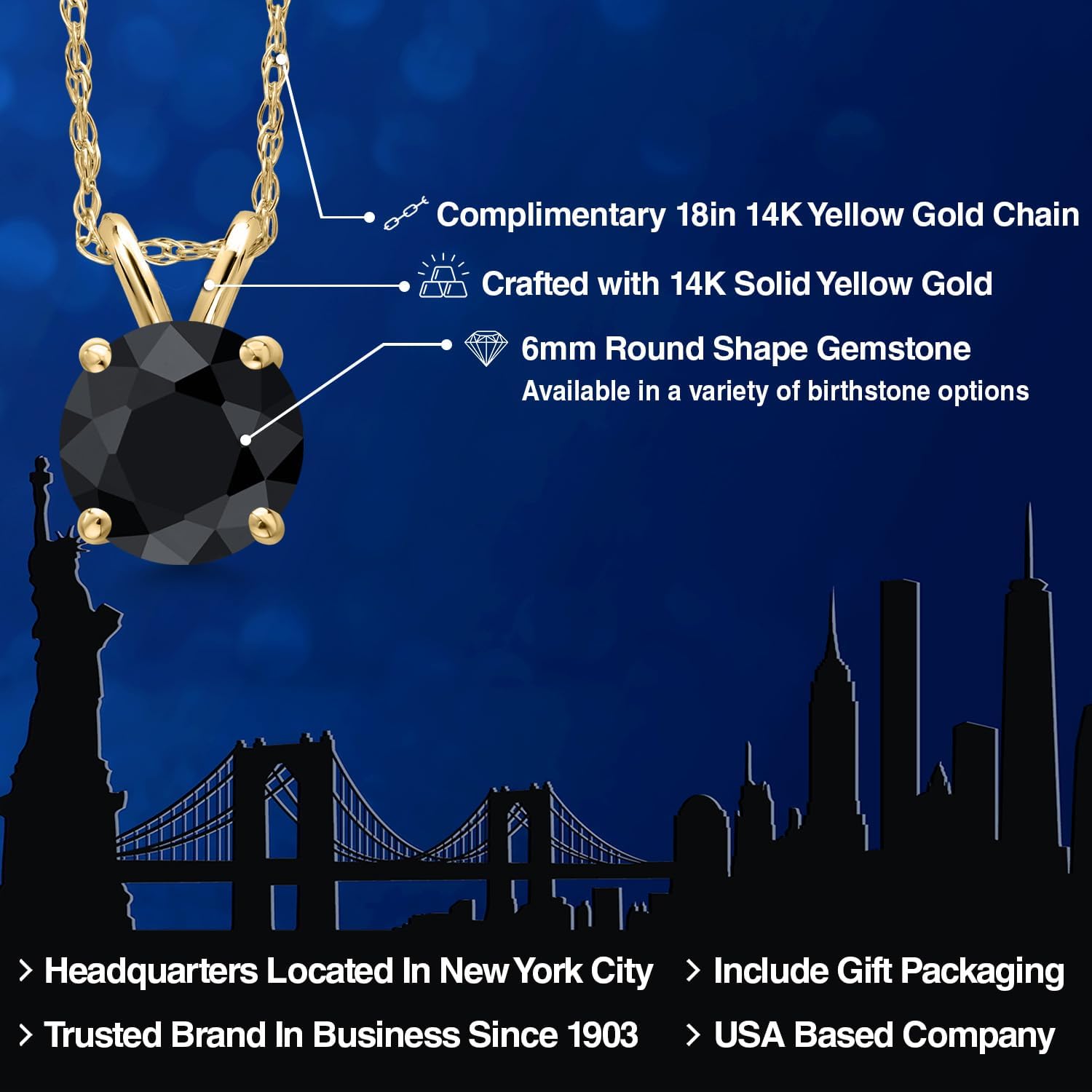 Gem Stone King 14K Yellow Gold Black Sapphire Pendant Necklace for Women | 1.15 Cttw | Gemstone September Birthstone | Round 6MM | With 18 Inch Chain - Image 2