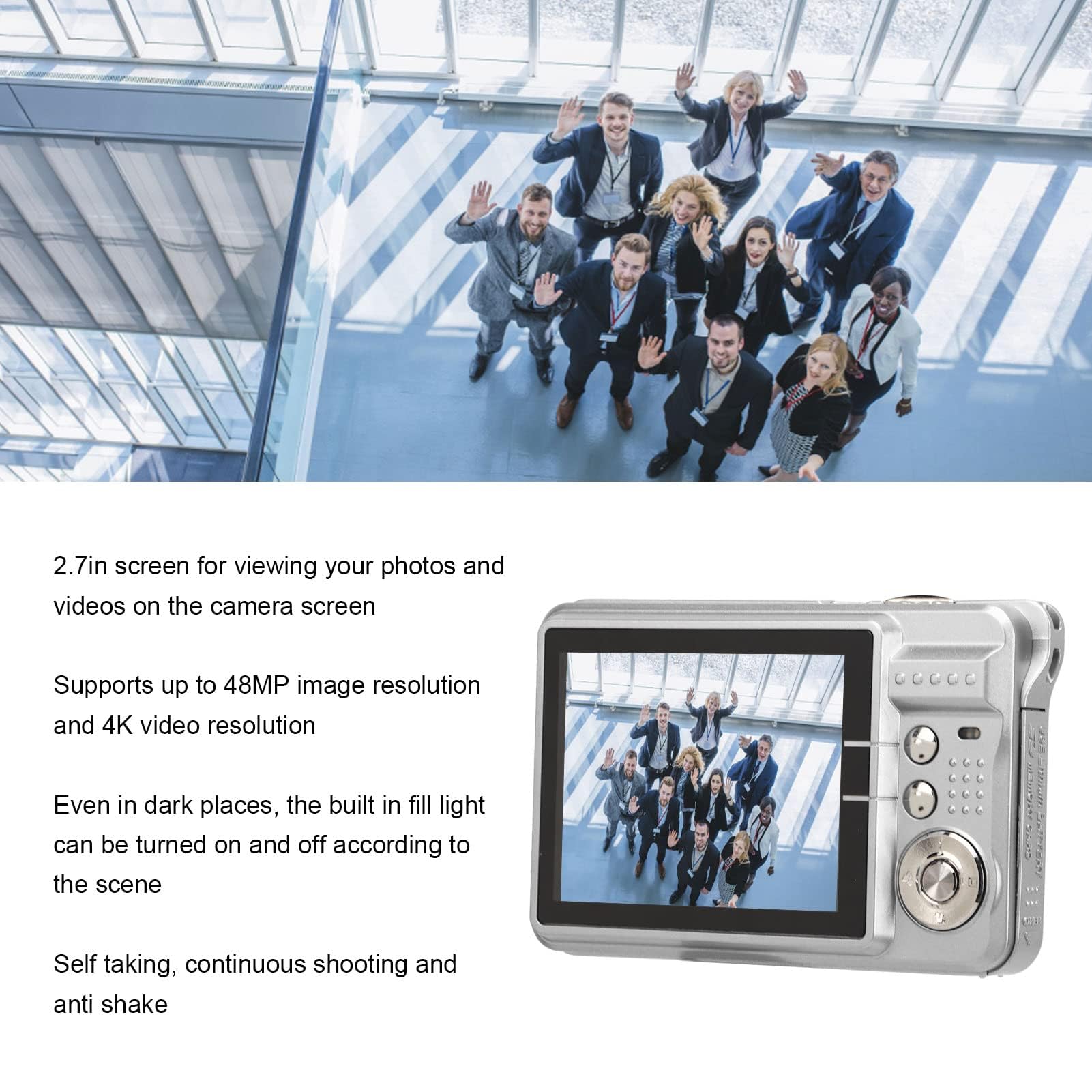 Appareil Photo Numérique 4K pour la Photographie, Appareil Photo de Poche Compact 48MP avec écran LCD 2,7 Pouces, Appareil Photo Vlogging 8X Anti-secousses pour Adultes Seniors (Argent)