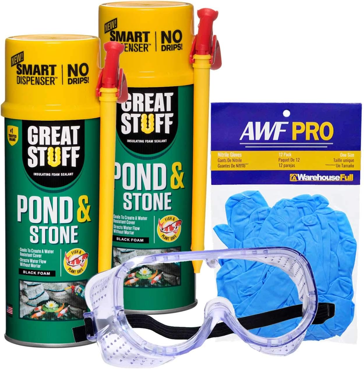 AWarehouseFull Great Stuff Pond & Stone Sealant/Adhesive Kit, 2x12 oz Smart Dispenser Great Stuff Pond & Stone Cans, Features Smart Dispenser Re-Usable Straw, 1 Pack Nitrile Gloves, Safety Goggles