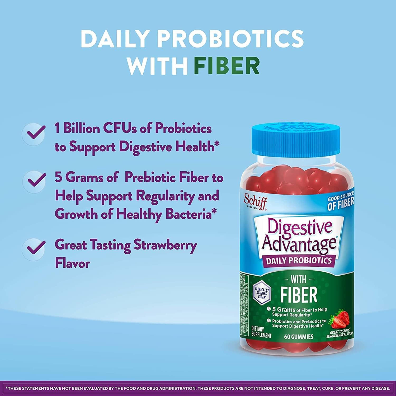 Digestive Advantage Prebiotic Fiber Gummies + Probiotics for Gut Health - 5g Prebiotic Fiber + 1 Billion CFU Probiotic, Supports Digestive Health & Regularity - (60ct Bottle), Strawberry Flavor*