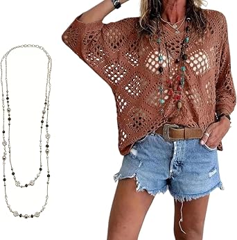 Womens Bohemian-Inspired Beige Crochet Top with V-Neck, Loose Fit Summer Beach Cover Up Shirt, Casual Hollow