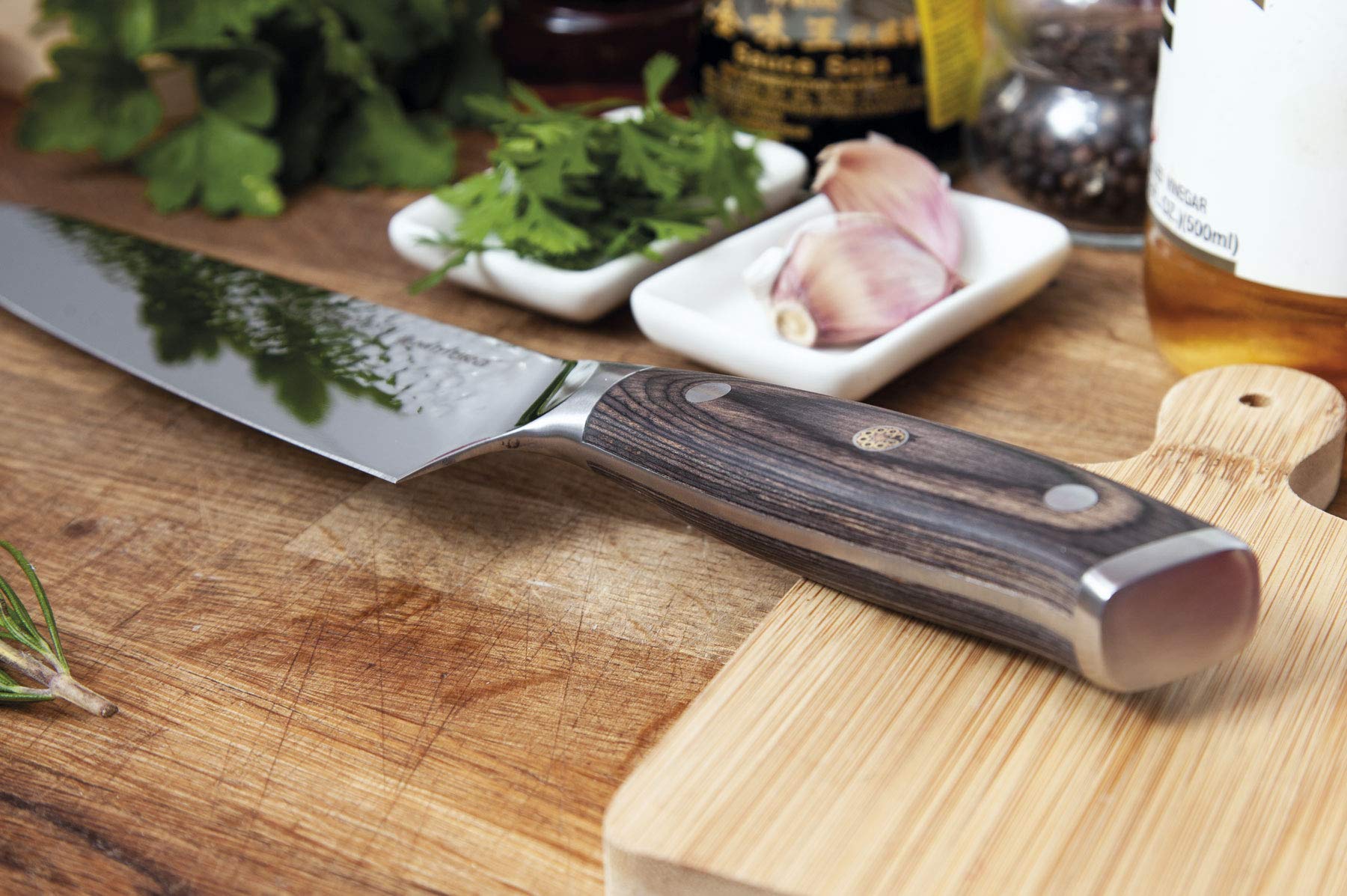 3 Claveles Juego de cuchillos de cocina profesionales de cocina de acero inoxidable + tijera de cocina con + taco de fibras, Juego 3 Cuchillos + Tijera + Taco KIMURA