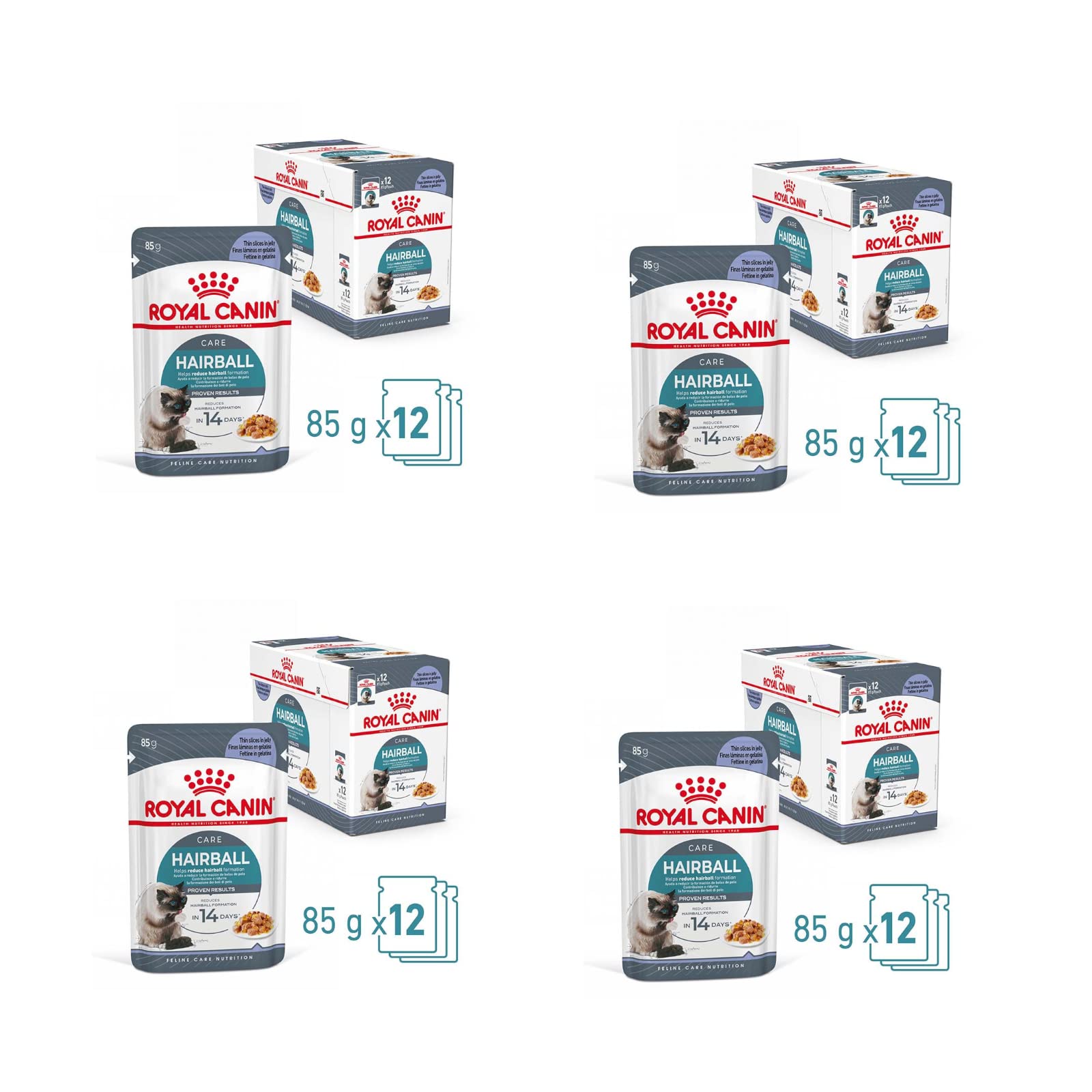 Royal Canin Hairball Care Jelly | Paquete de 4 | 4 x 12 x 85 g | Alimento Completo para Gatos (trozos Finos en gelatina) | Puede Ayudar a Reducir la formación de Bolas de Pelo