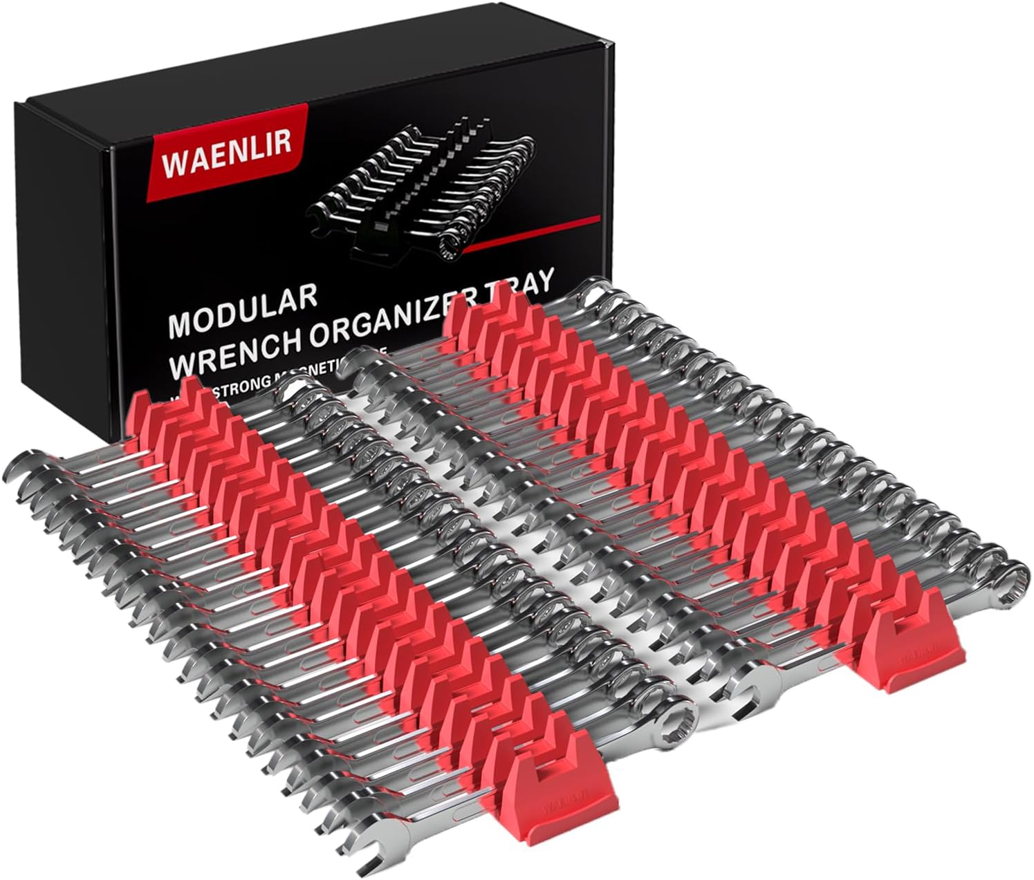 WAENLIR 48PCS Magnetic Modular Wrench Organizer Set-Tool Drawer Storage Rack with Metric&SAE Labels, Wrench Holder with Magnet, Perfect Tool Gift for Men, father, boyfriend, DIYers & Mechanics (Red)