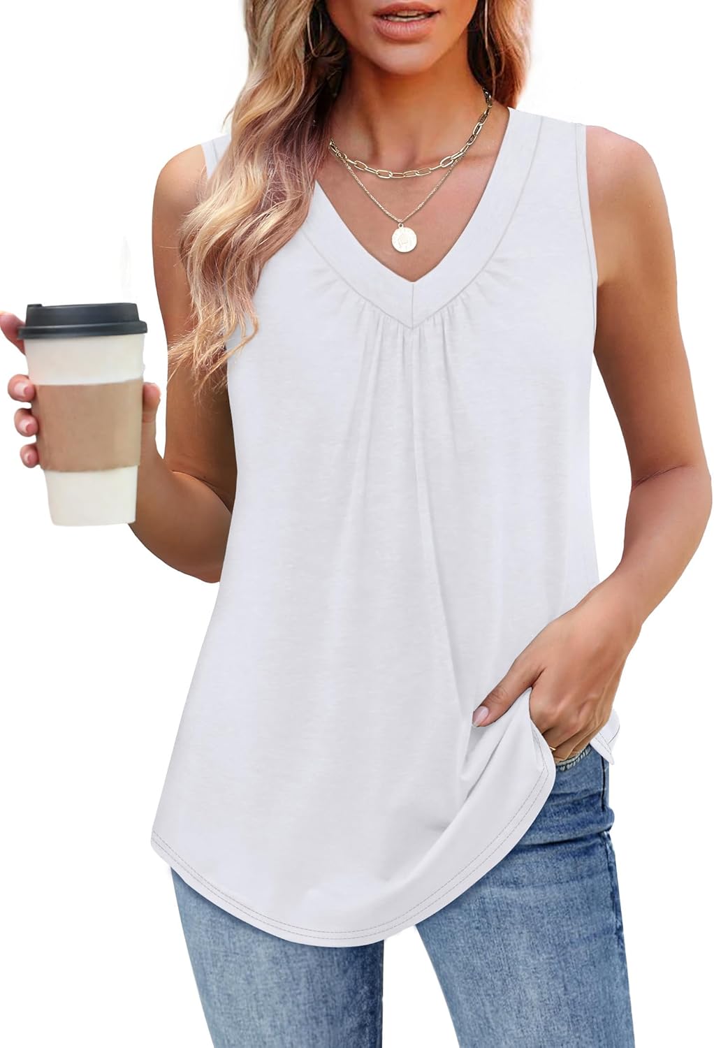 OFEEFAN Tank Top for Women Loose Fit Sleeveless Shirts V Neck Summer Clothes Ruched Women's Tees and Tanks Curved Hem - Image 2