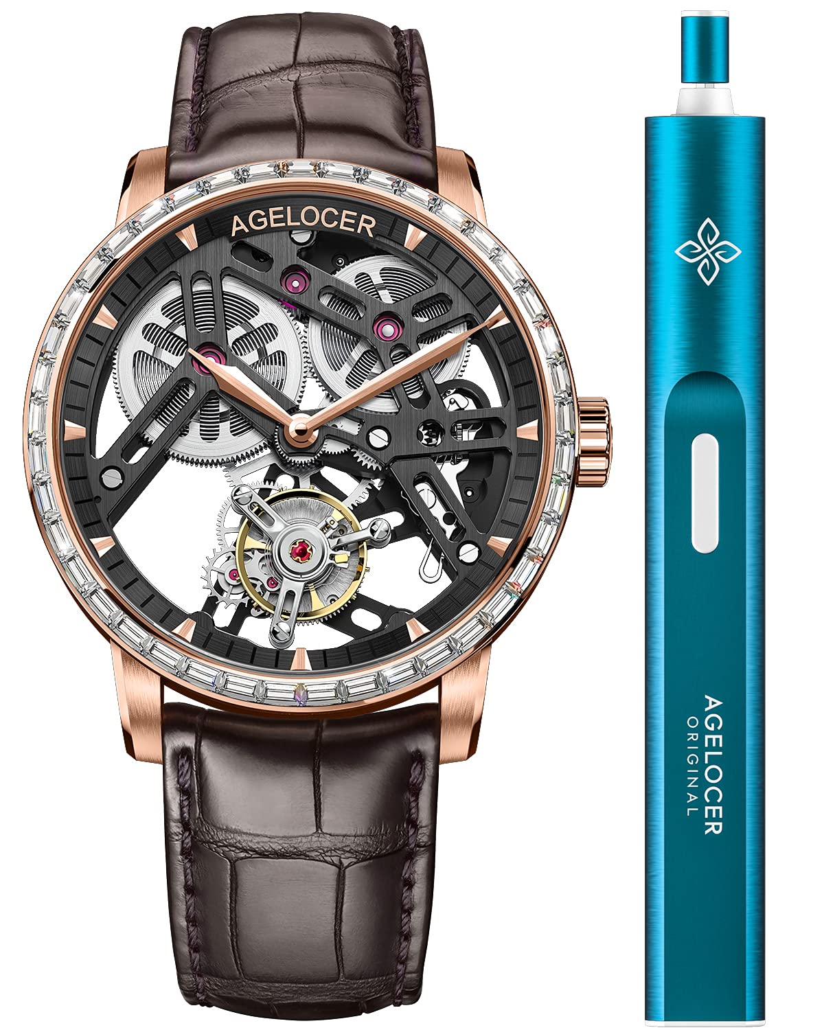 AGELOCER Men's Double-Sided Hollow Tourbillon Hand-Operated Mechanical Leather Wristwatch
