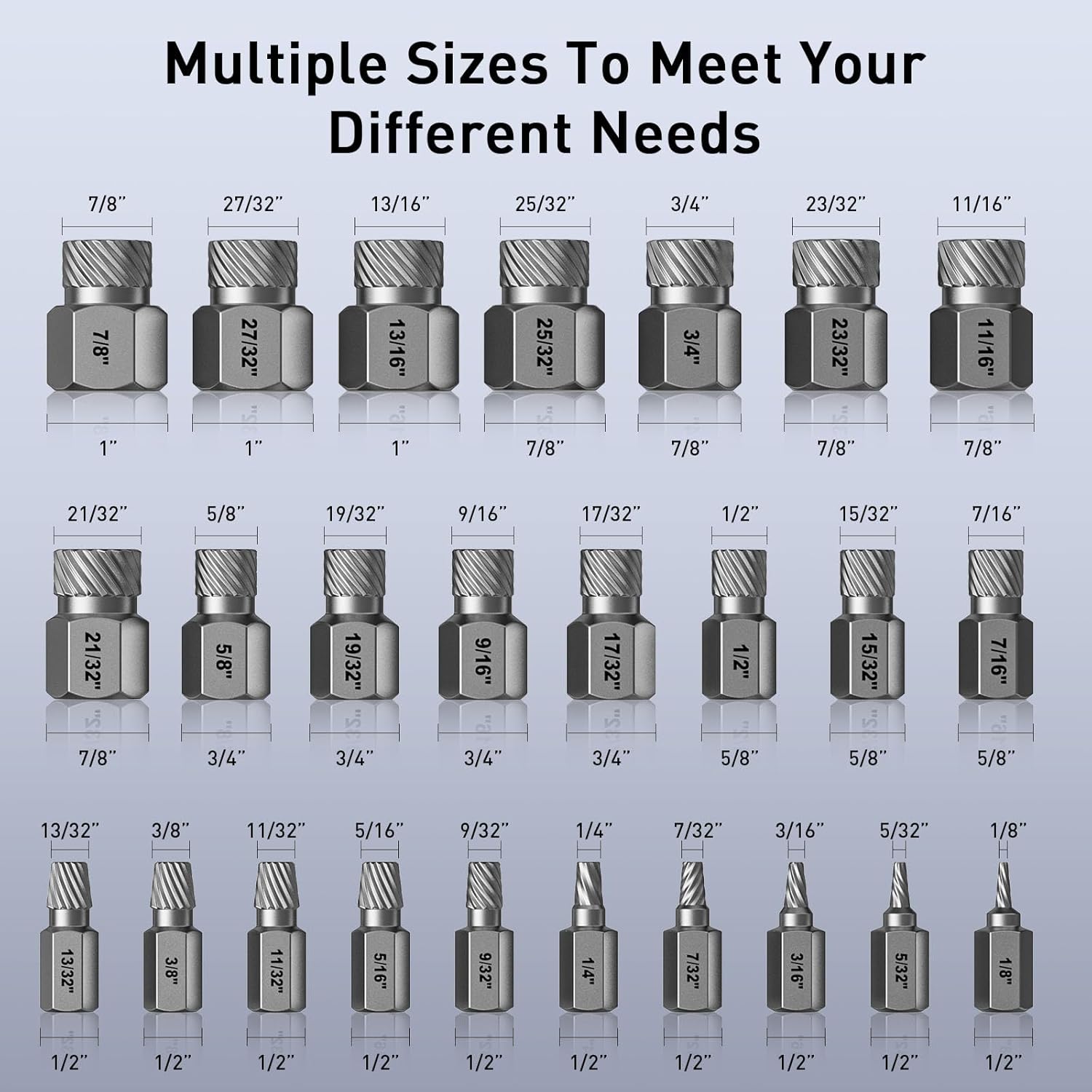 Screw Extractor Set, 25 Piece Easy Out Bolt Extractor Set, Multispline Screw and Hex Head, for Removing Broken Studs, Bolts, Screws, 1/8 Inch to 7/8 Inch in 1/32-Inch Increment, Tools Gifts for Men
