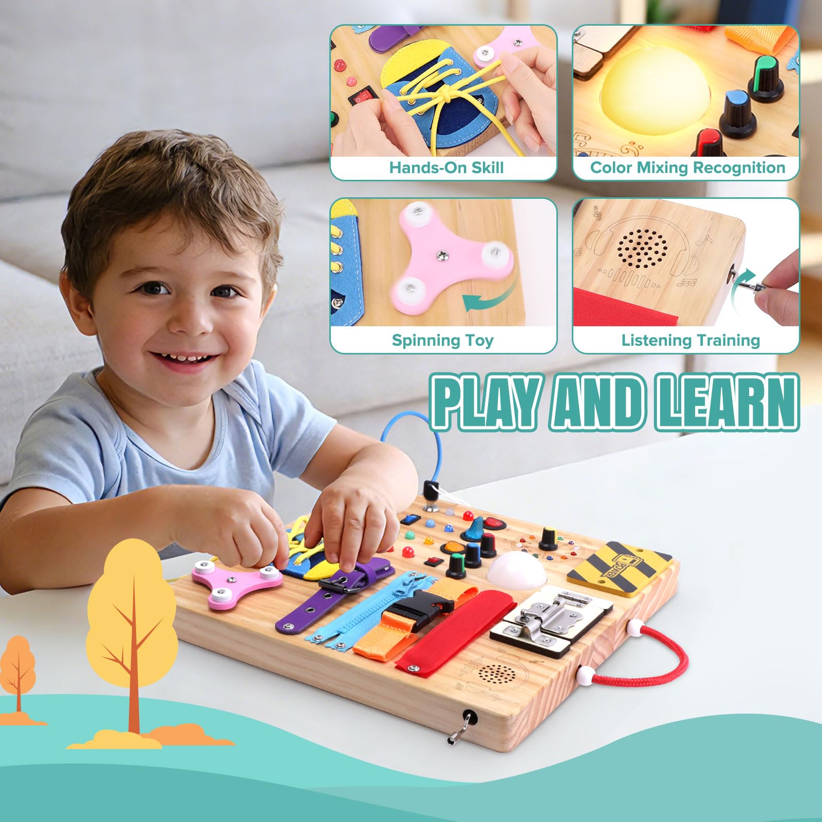 Montessori Busy Board 23 en 1 pour les tout-petits à partir de 1 an, jouet en bois, avec 15 interrupteurs, 26 lumières LED, boîte à musique, fermeture éclair et serrure, jouet sensoriel pour enfants
