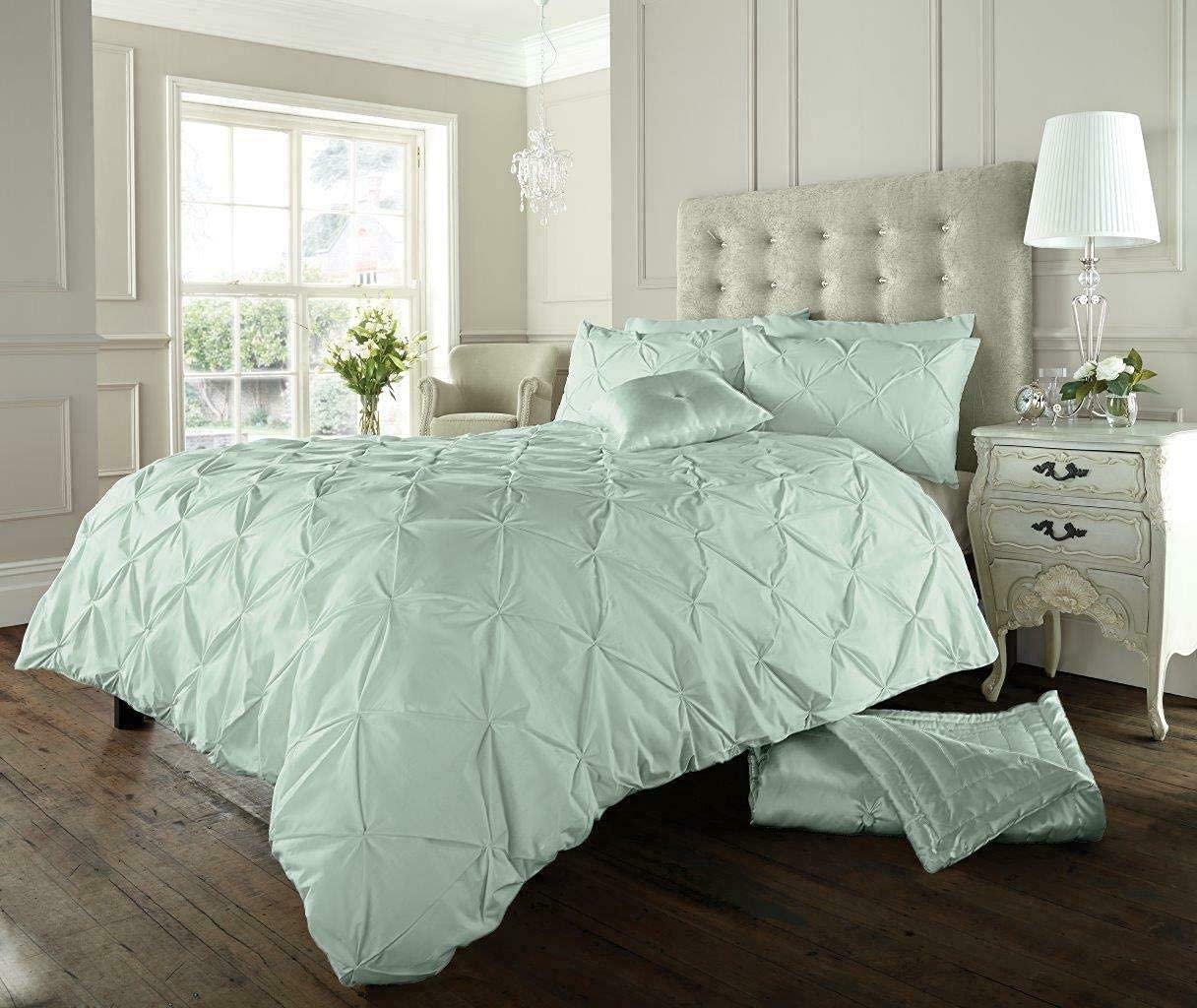 LJ Pinch Pleat Pintuck Diamonds Style Duvet Cover Sets Quilt Cover Sets Cotton Rich Alford Bedding Sets With Pillowcases (Duck Egg, King)