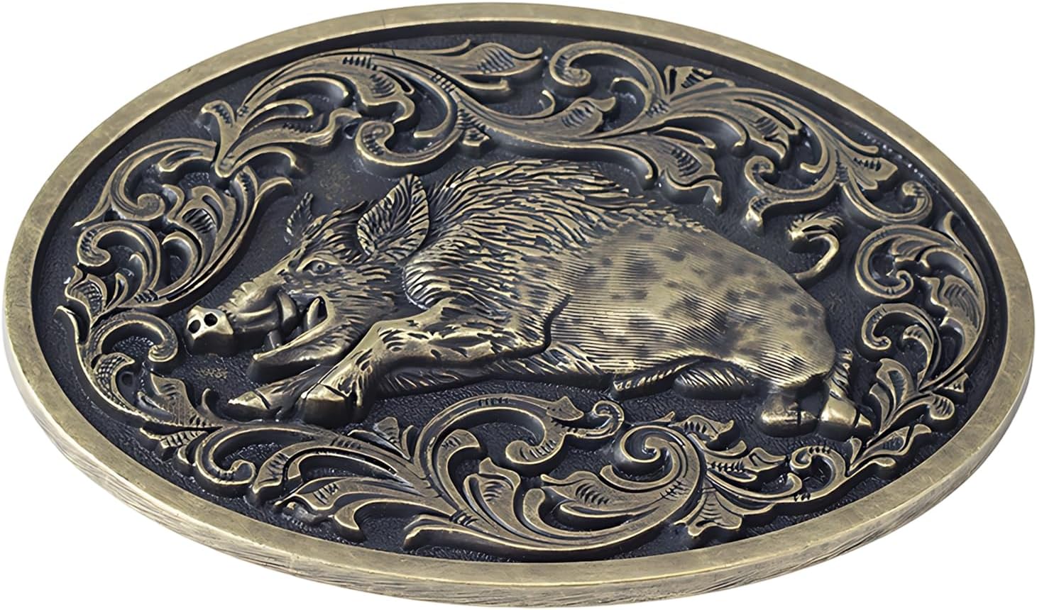 Retro Wild Boar Relief Belt Buckle - 4CM Width Belt Compatible, Craft Leather-Matched Vintage Replacement Buckle for Western & Casual Style
