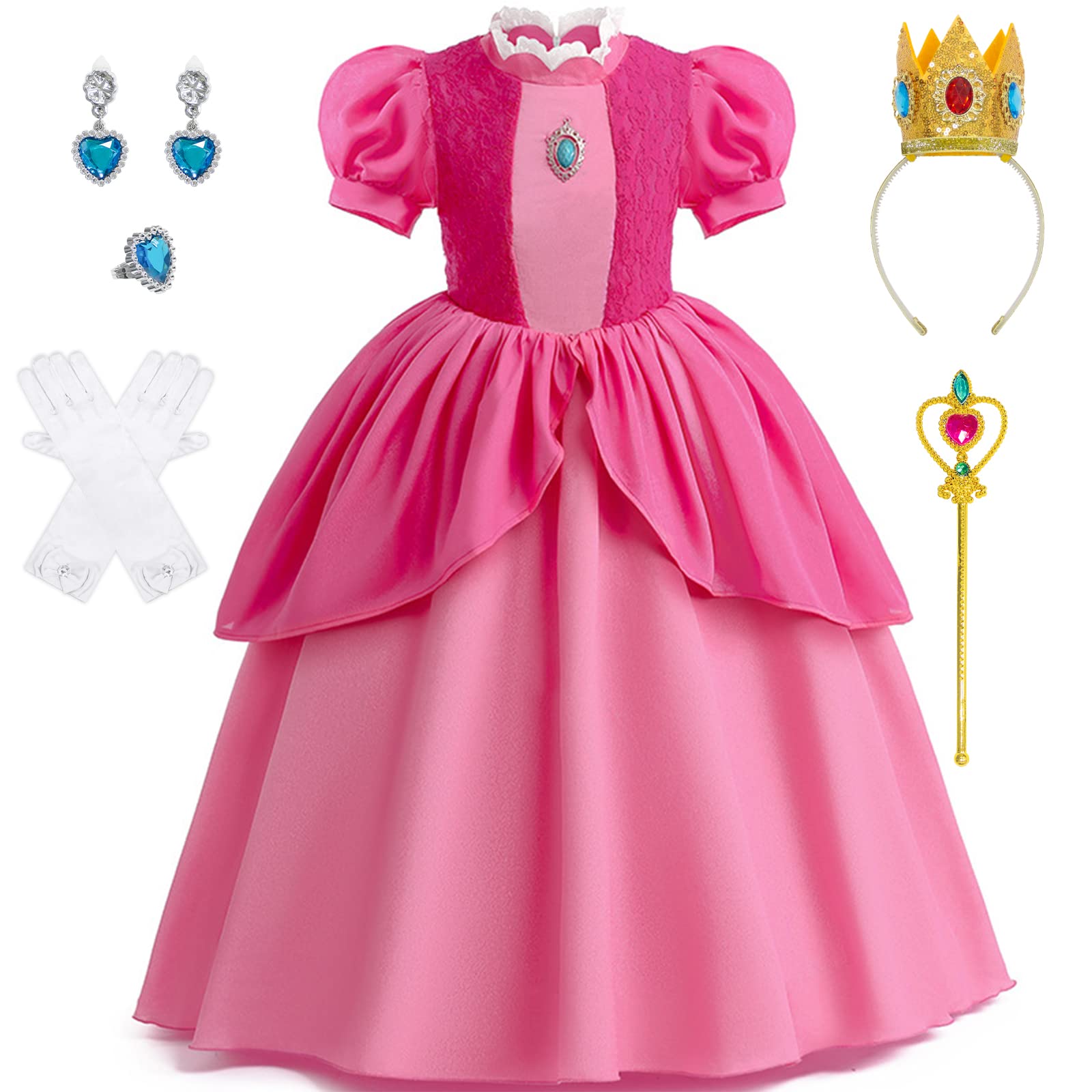 LZH Pink Princess Costume Dress for Girls Cosplay Princess Dress Up Kids Halloween Christmas Party Dress with Crown Earrings and Gloves
