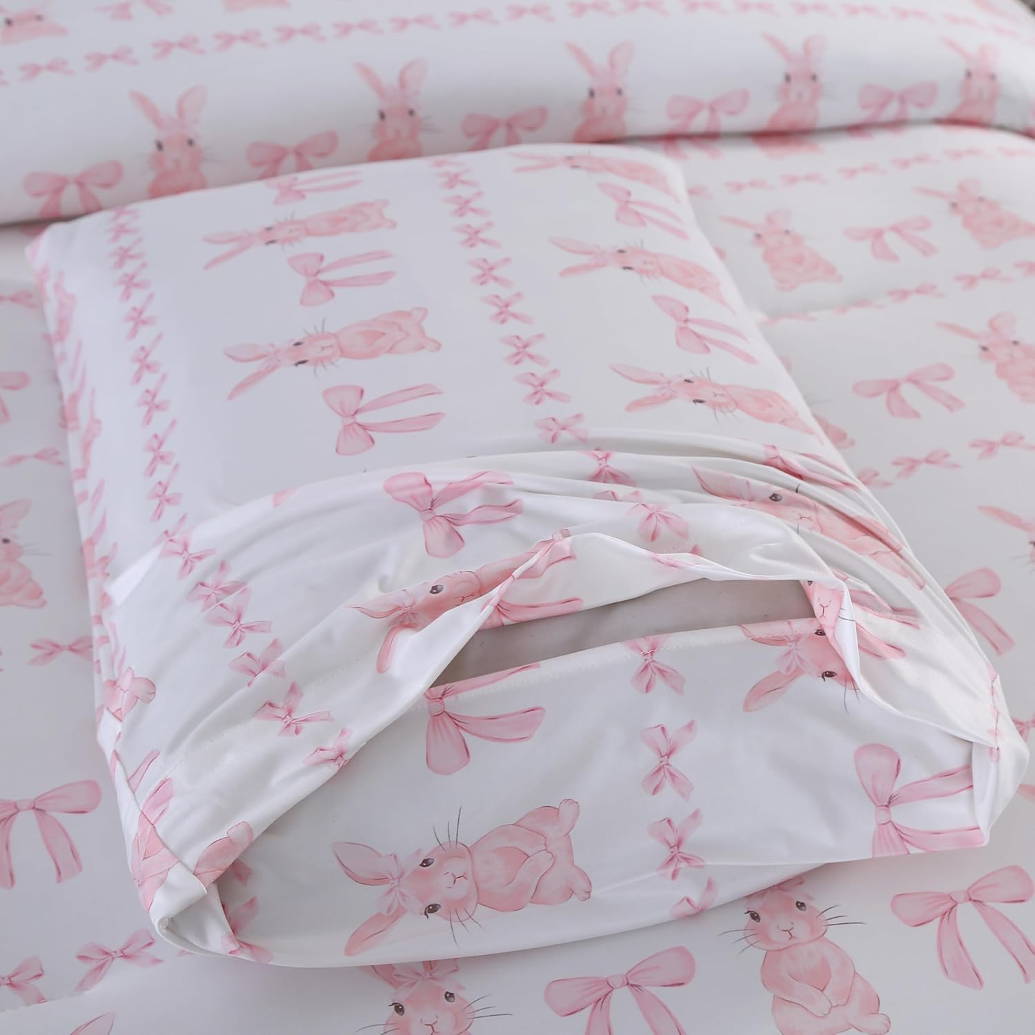 MAG 3Pcs Queen Microfiber Jersey Knit Bedding,Cute Rabbit Comforter Queen Size,Pink Easter Theme Cooling Bedding,All Season with 1 Comforter2 Pillowcases for Kids Girls,Elastic Wrinkle and Super Soft.