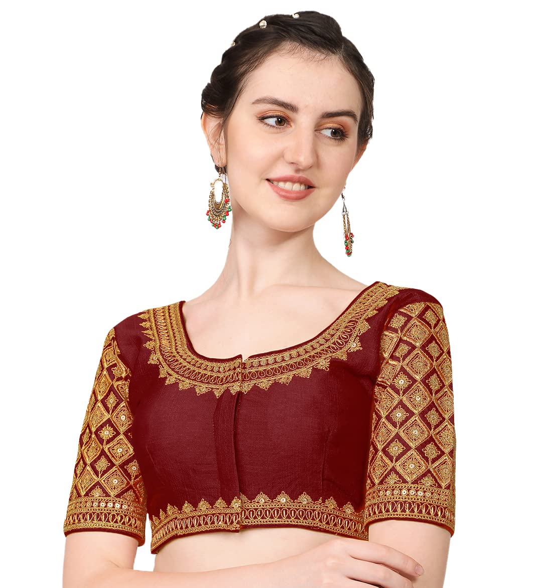 Pujia Mils Women's Silk Flower Embroidery Half Sleeve Blouse (Simba 2_Maroon_38)