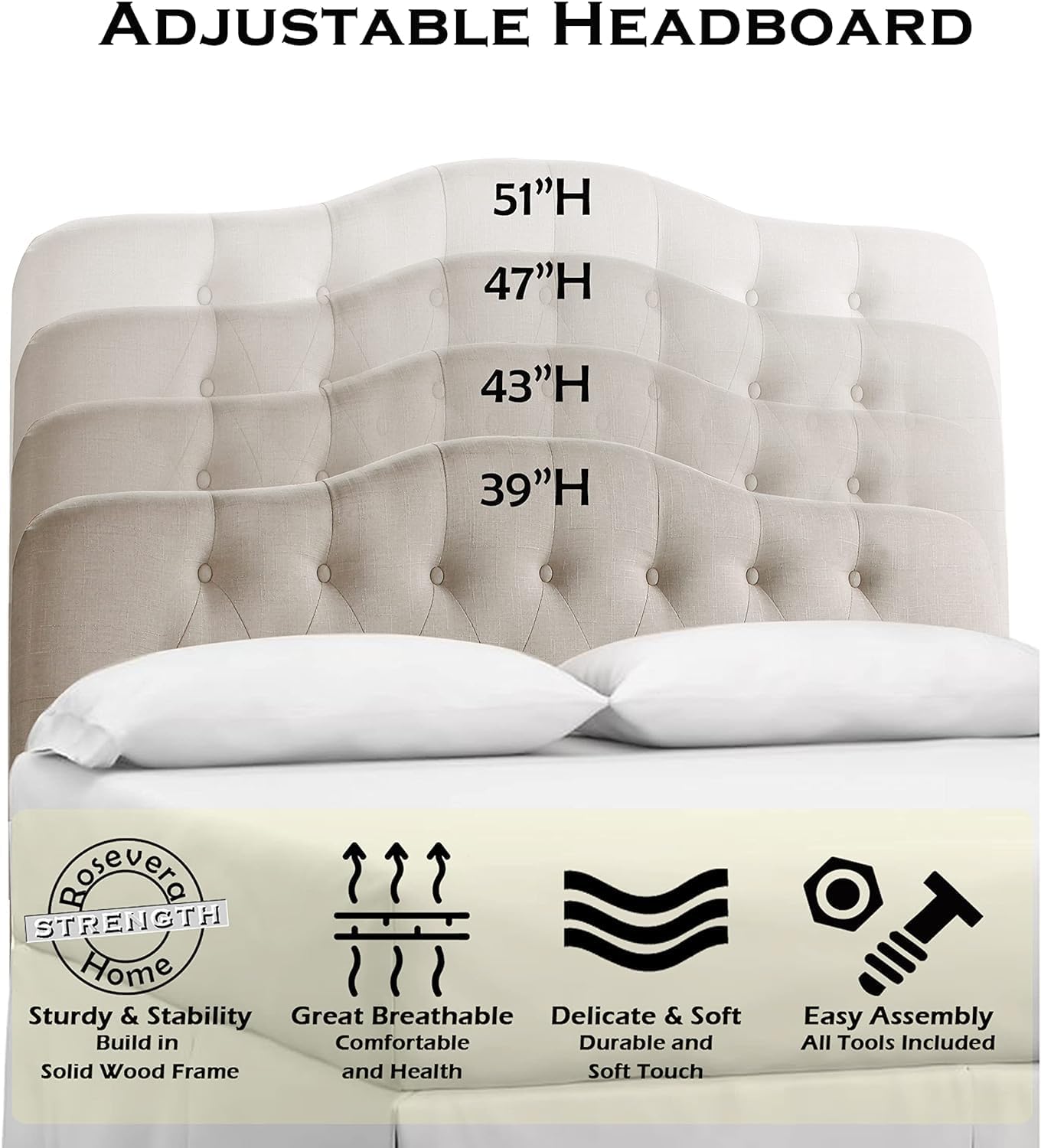 Rosevera Givanna Adjustable Heigh Headboard with Linen Upholstery and Button Tufting for Bedroom, Queen, Textile Beige