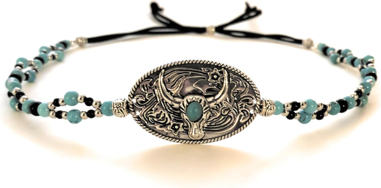 Western Hat Band with Steer Skull Concho Blue Turquoise Black Onyx Gemstone Beads Adjustable Bolo Slide Closure Gift Boxed