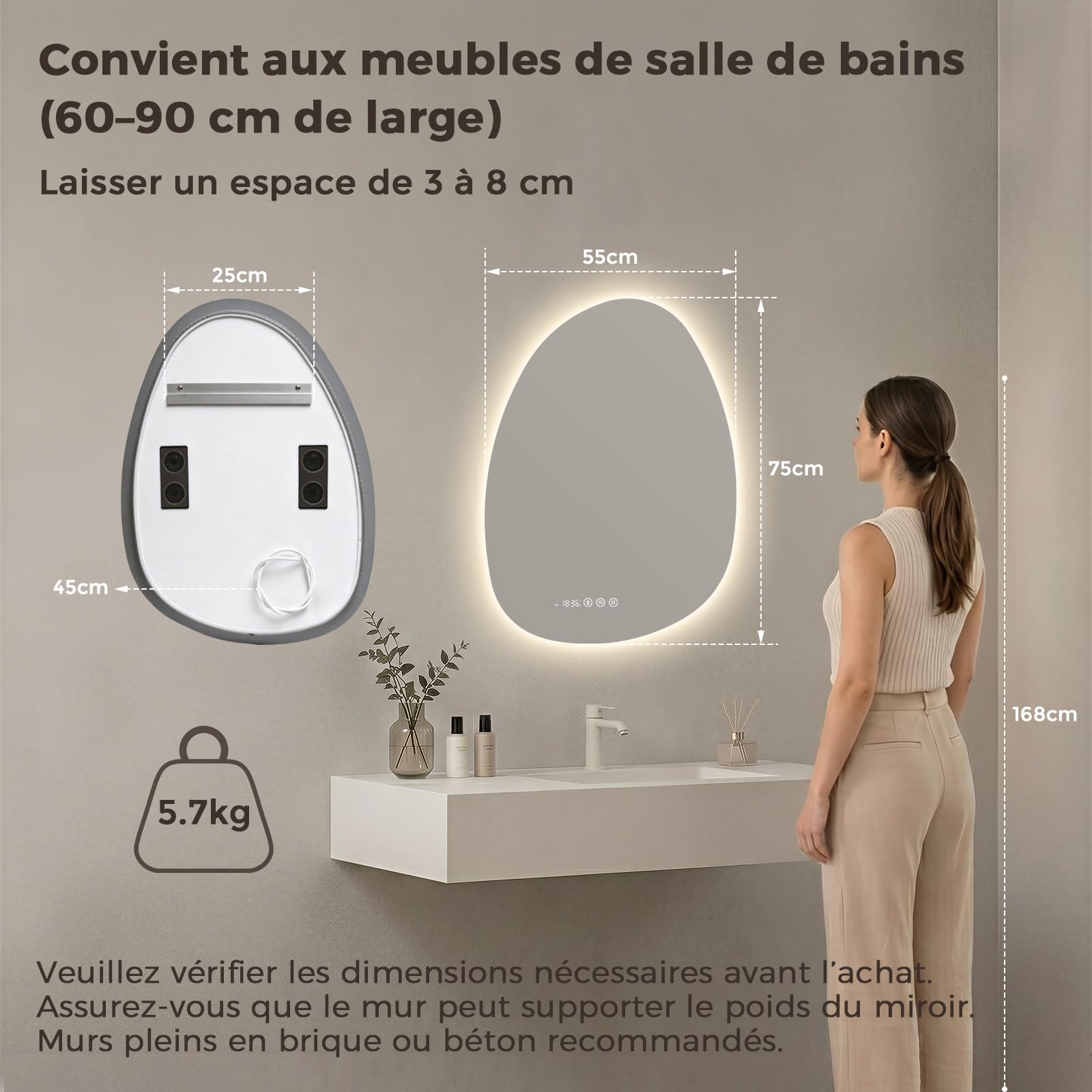 Miroir Salle de Bain avec Éclairage LED Bluetooth 75×55 cm