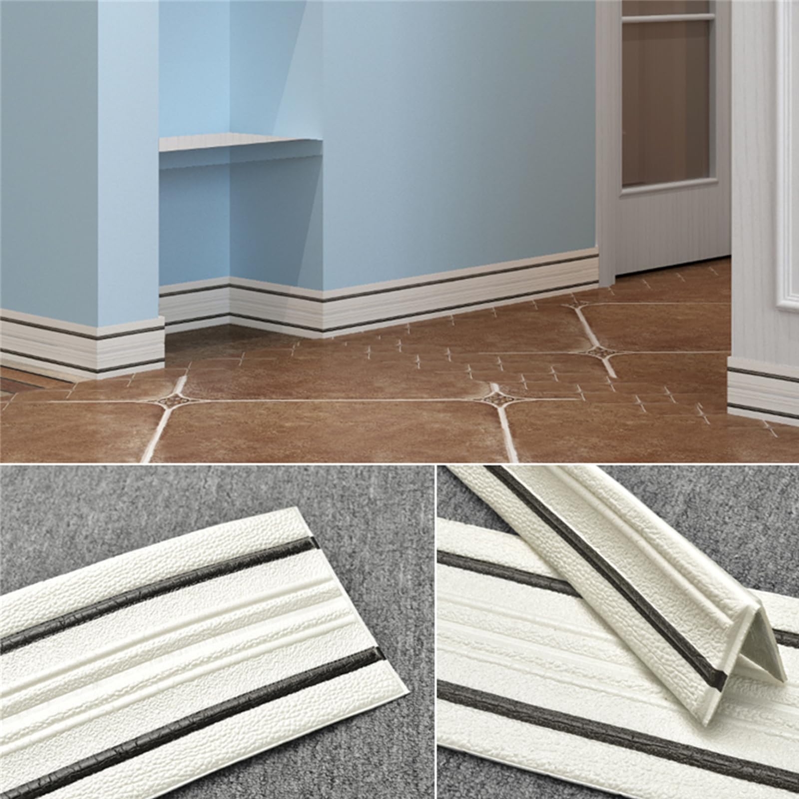 Fjqfhh White Black Baseboard Skirting Border, 3D Self-Adhesive Waistline Skirting Baseboard Corner Line 2.300Cmx14cm(White Black)