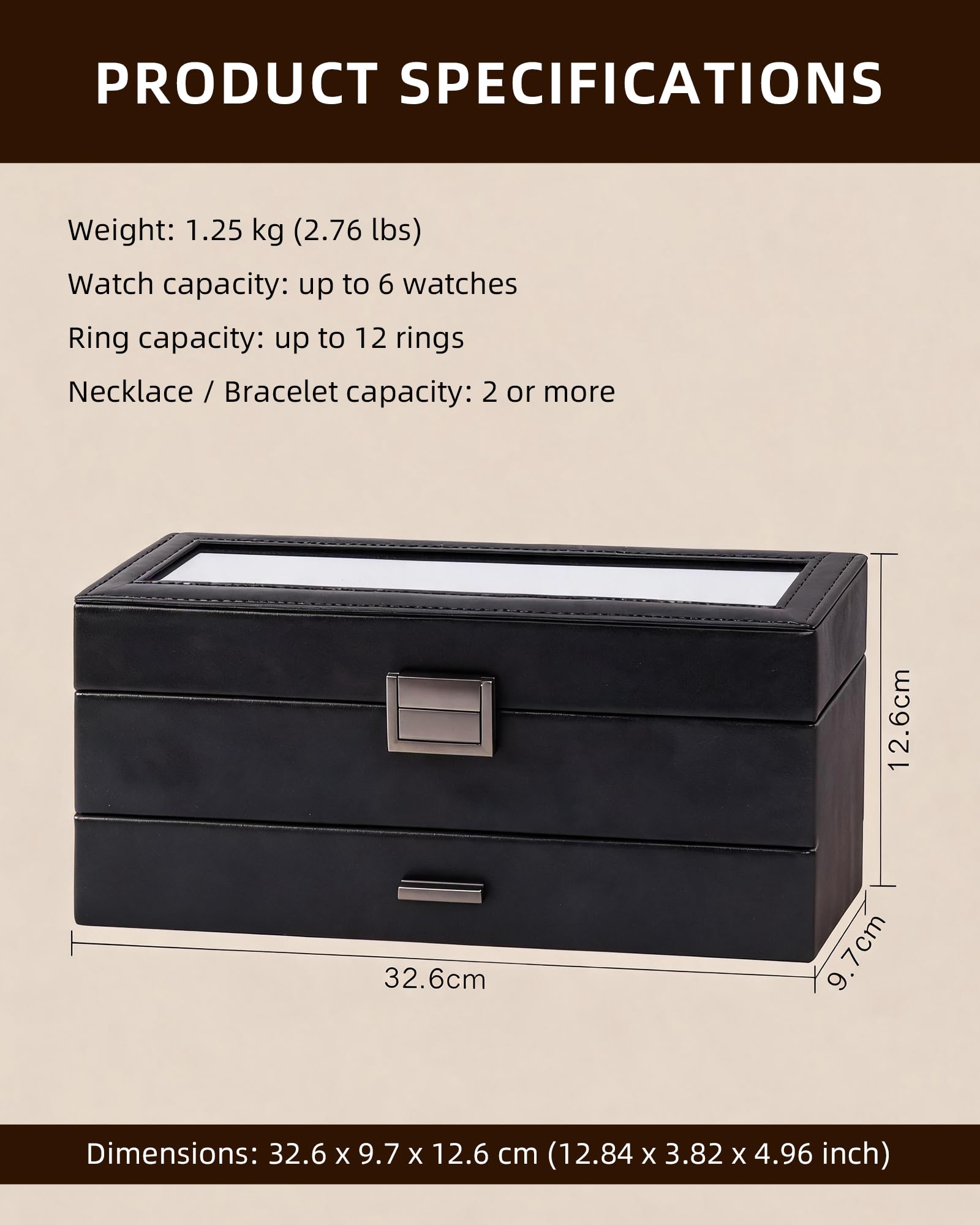 Coffret à Montres Organisateur 2 Niveaux Cuir-PU Homme/Femme, Noir