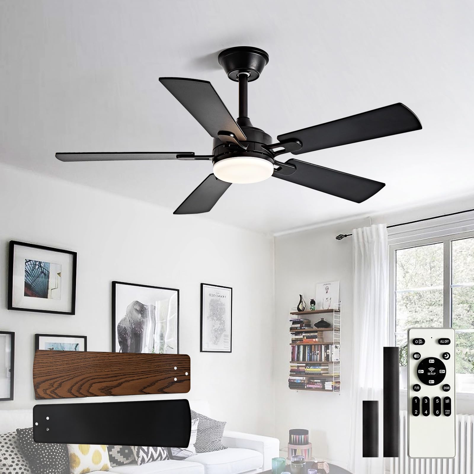 Depuley 42-inch Ceiling Fan with Light: Black Ceiling Fan for Living Room Indoor - Modern Ceiling Fan with Remote Control 3CCT Dimmable Noiseless 5 Reversible Walnut Blades 6 Speeds Timer