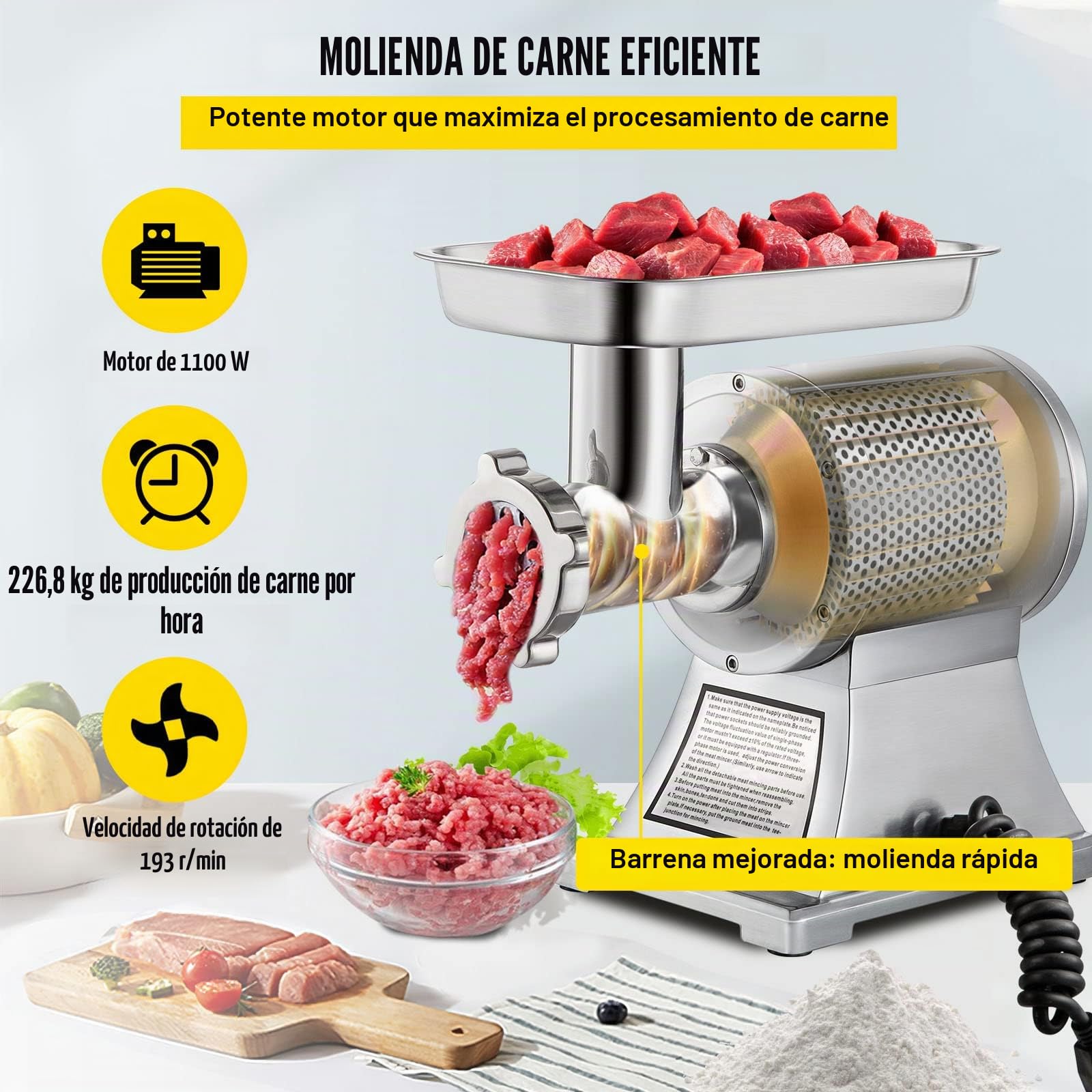 VEVOR Picadora de Carne Eléctrica 850W Máquina Picada 150kg por Hora Máquina Eléctrica Embutidora 448 x 210 x 387 mm Acero Inoxidable Máquina Salchicha 193RPM para Restaurante Supermercado Carnicería