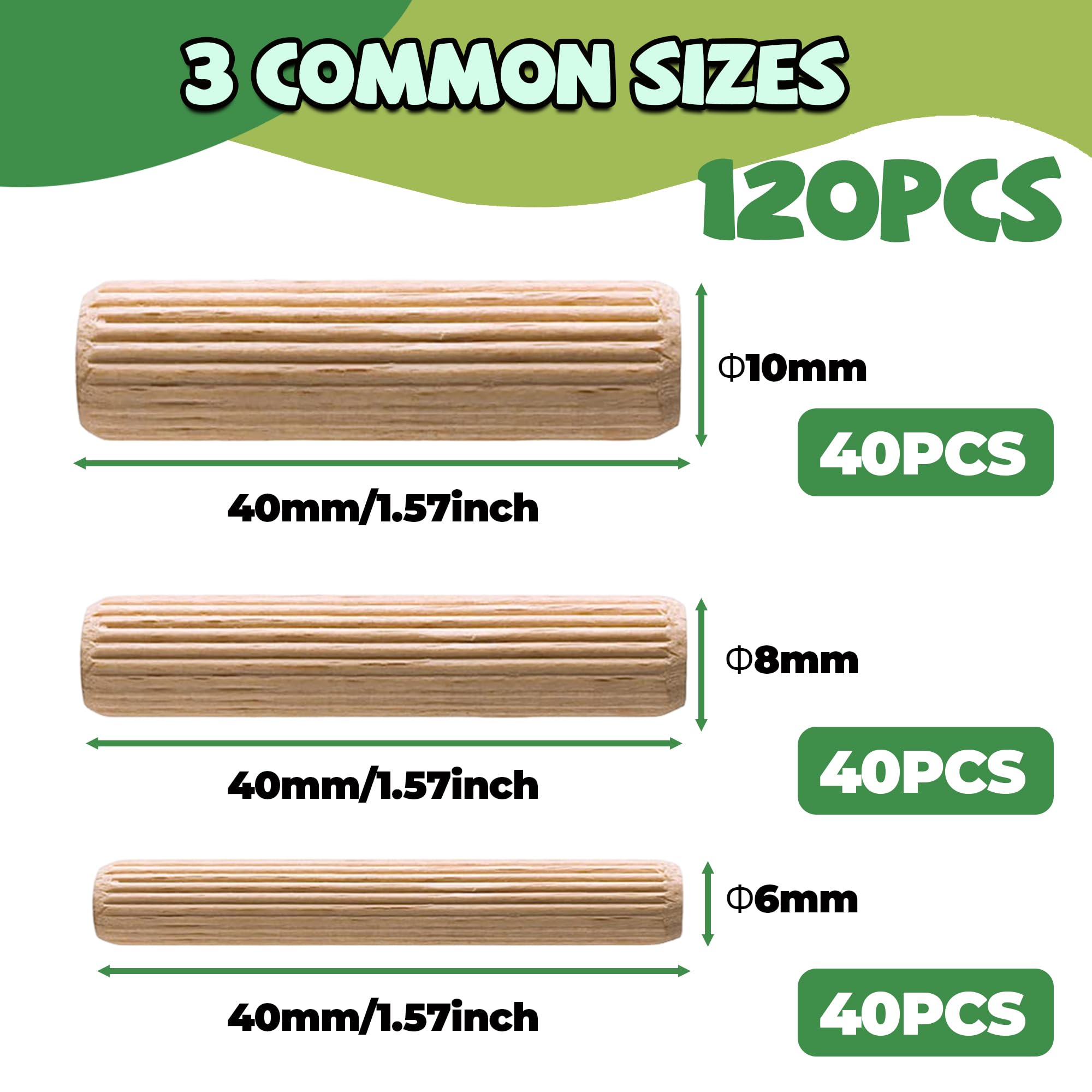 120 Pcs Wooden Dowels 10mm 8mm 6mm, Wood Dowels Pins, Wooden Plugs, Hard Wood Grooved Plugs Furniture Woodwork Grooved Fluted Pin Craft - Image 2