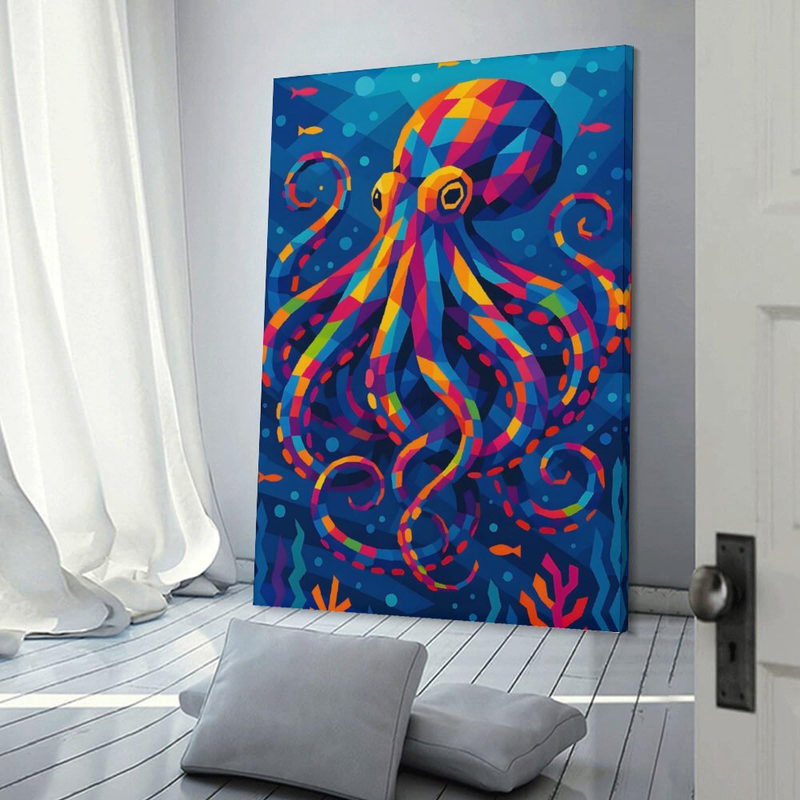 Junmoney Colorful Geometric Octopus in Blue Sea Wall Picture Print 20x30inch(50x75cm), for Corridors, Hallways Or Apartment Entries, Decorative Canvas Styling for Entry Areas
