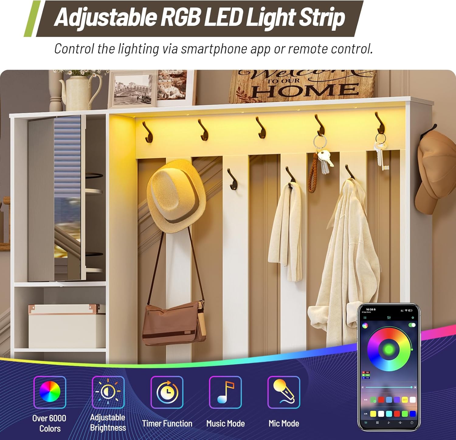 Hall Tree with Bench and Shoe Storage, Farmhouse Entryway Bench with Coat Rack and Fabric Drawer, 11 Coat Hooks and 10 Shoe Cubbies, LED Lights, Rotating Mirror with Shelves, White