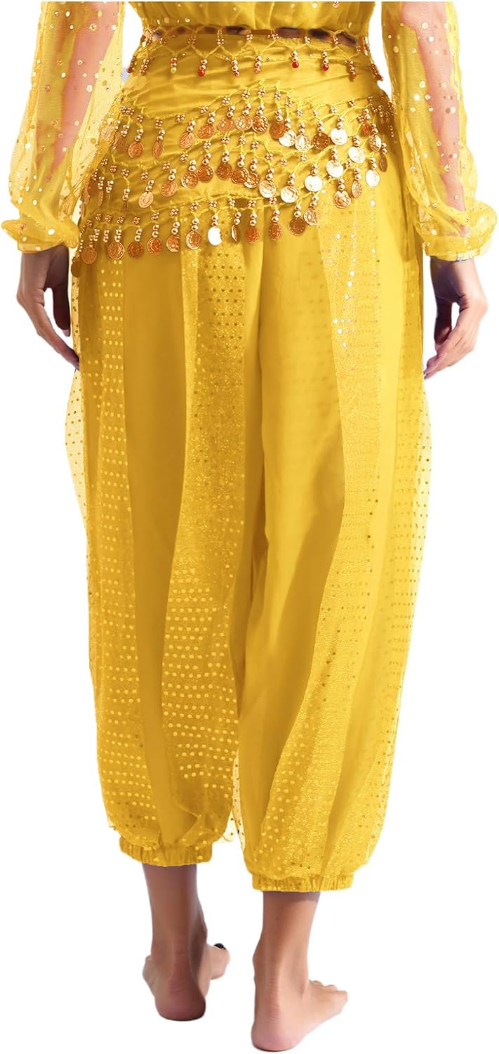 Hularka Women's Belly Dance Costume Harem Pants Elastic Waistband Bloomers with Sequin Hip Scarf