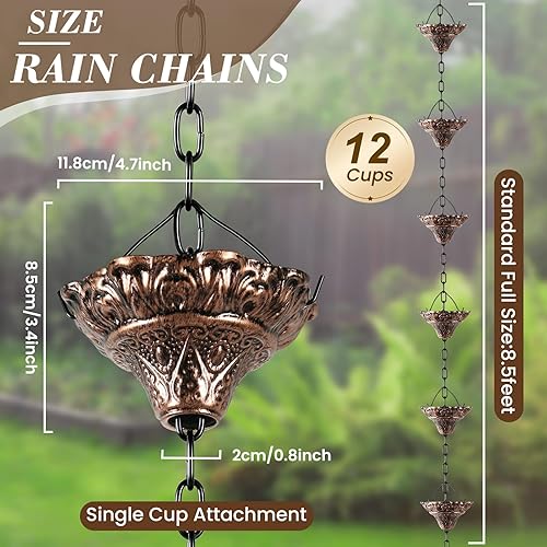 Miniatura 3 de HANAYARD Canaleta de lluvia de cobre antiguo para canaletas con 12 tazas, cadena ajustable con campana para desviador de agua exterior, campanillas