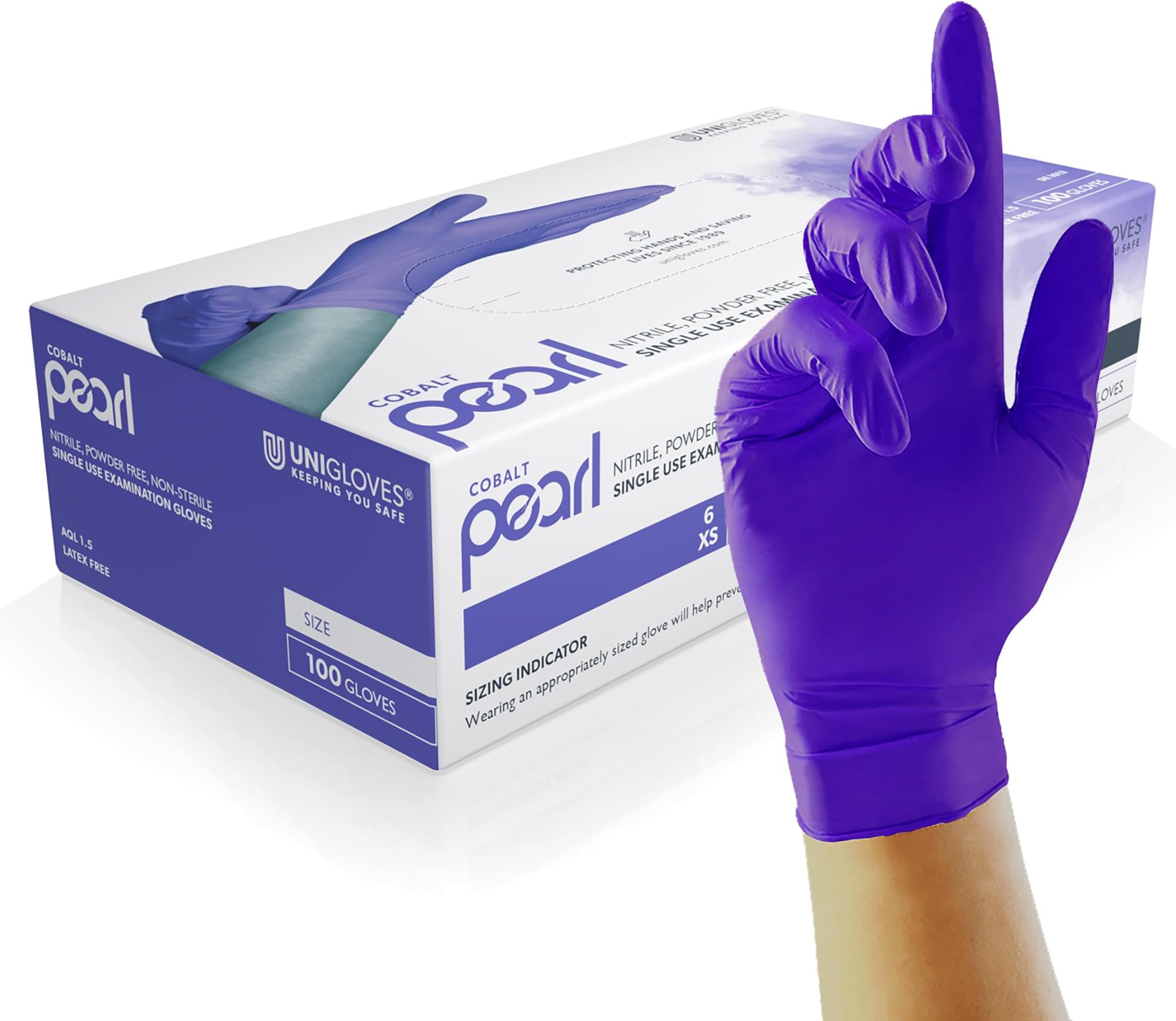 UNIGLOVES Cobalt Pearl Nitrile Examination Gloves - Multipurpose, Powder Free and Latex Free Disposable Gloves - Box of 100 Gloves, Cobalt, Medium (GP1013)