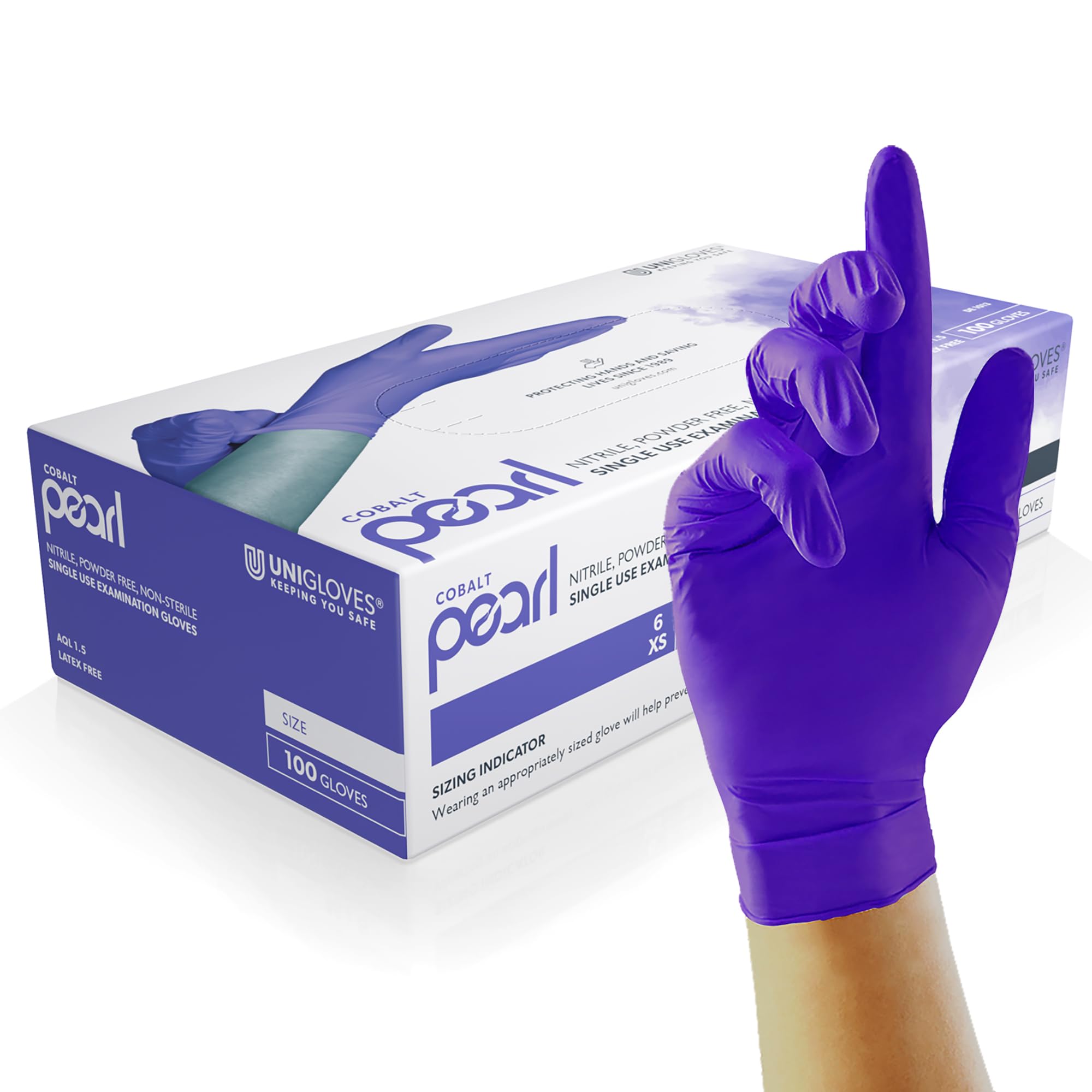 UNIGLOVES Cobalt Pearl Nitrile Examination Gloves - Multipurpose, Powder Free and Latex Free Disposable Gloves - Box of 100 Gloves, Cobalt, Medium (GP1013)