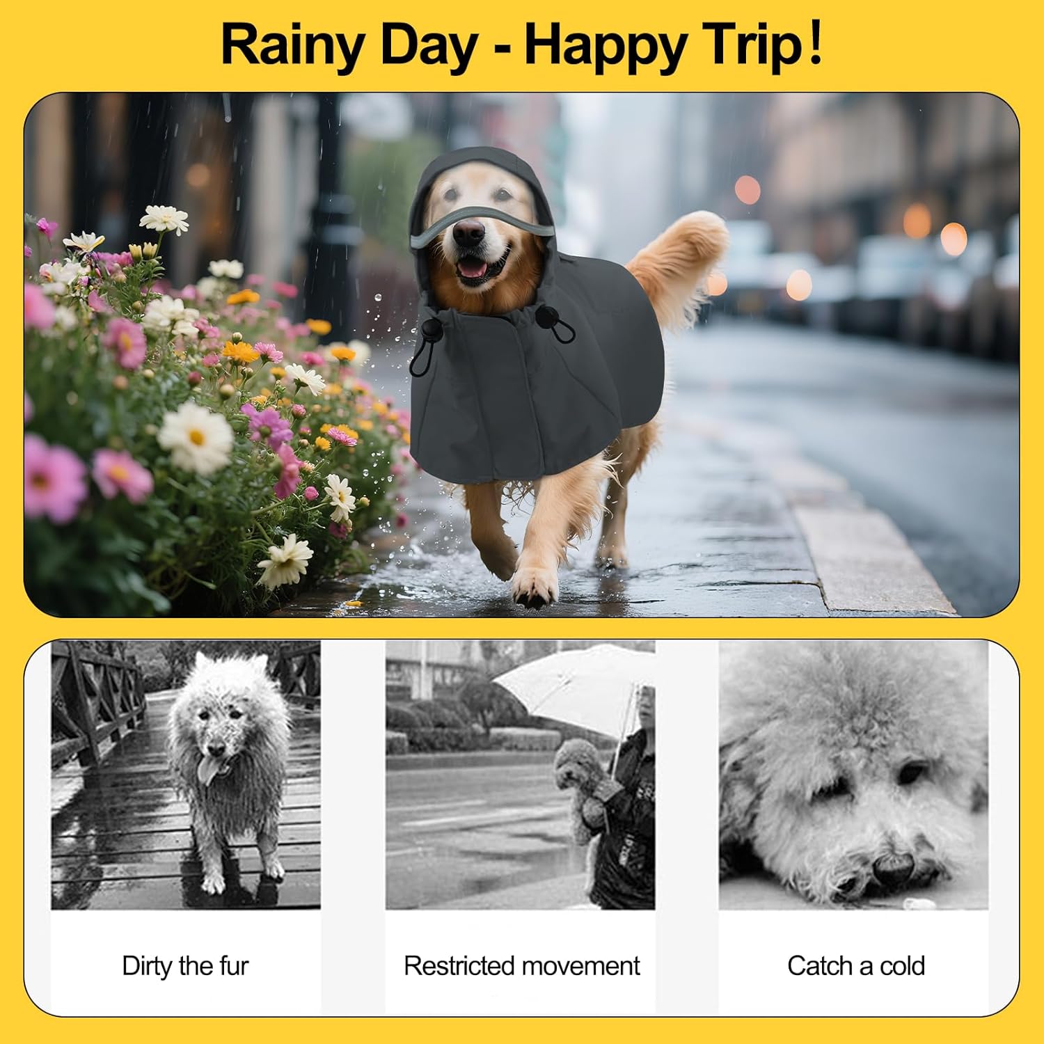 DENTRUN Waterproof Dog Rain Jacket with Hood for Golden Retriever, Husky – Extra-Long Coverage for Heavy Rain, Beach Trips, Dog Parks – Magic Tape & Mesh Lining, XXL