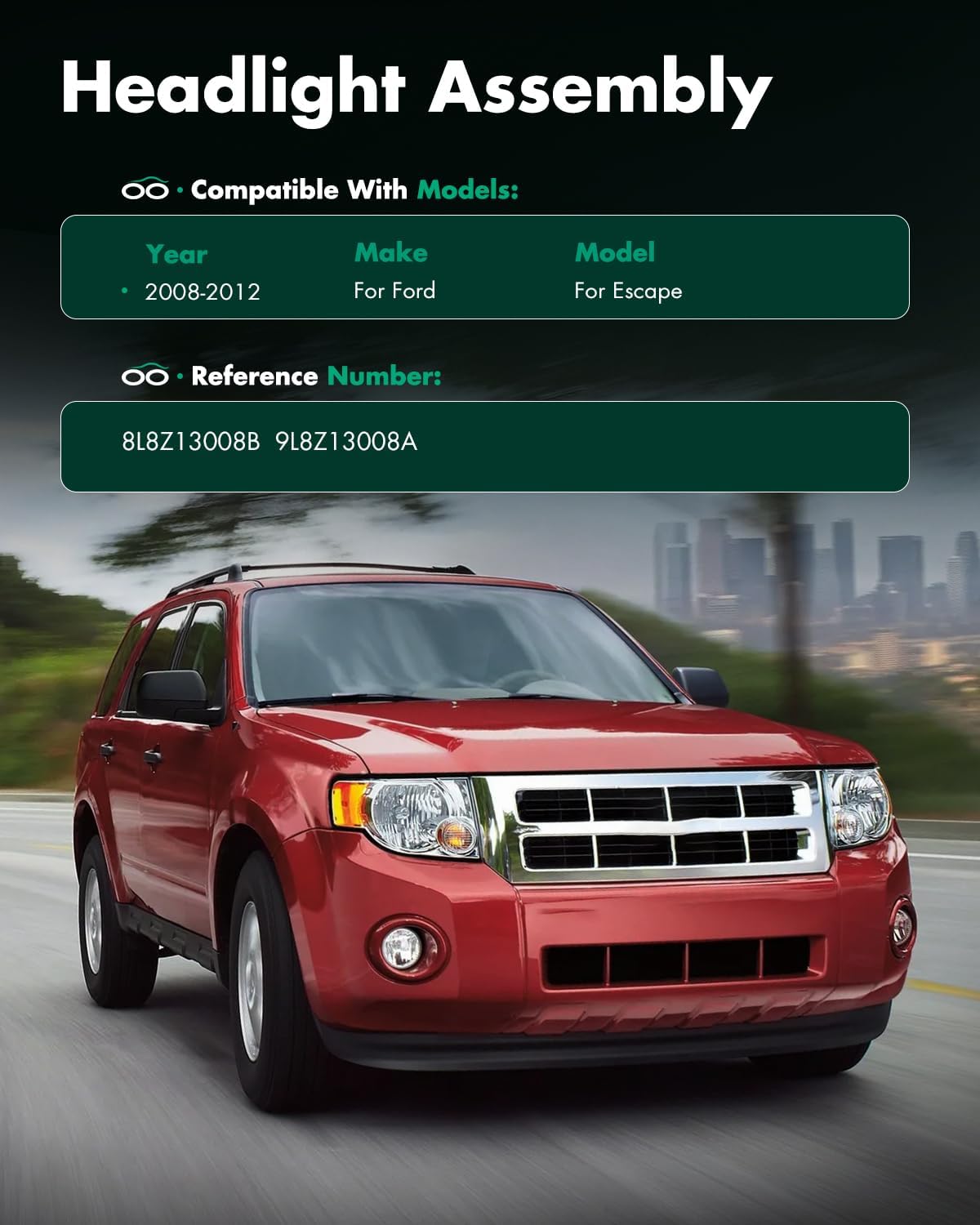 SCITOO Headlight Assembly Fits For Ford For Escape 2008-2012 headlamp in Chrome Housing Amber Reflector Clear Lens