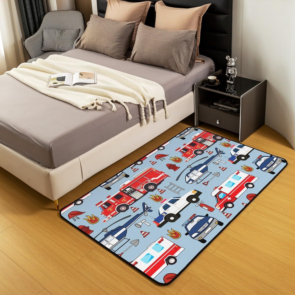 jejeloiu Police Car Area Rug 5x7 Inch Fire Truck Indoor Floor Mat Kids Teens Policeman Vehicle Rugs for Bedroom Living Room Airplane Pattern Red Blue Accent Rug