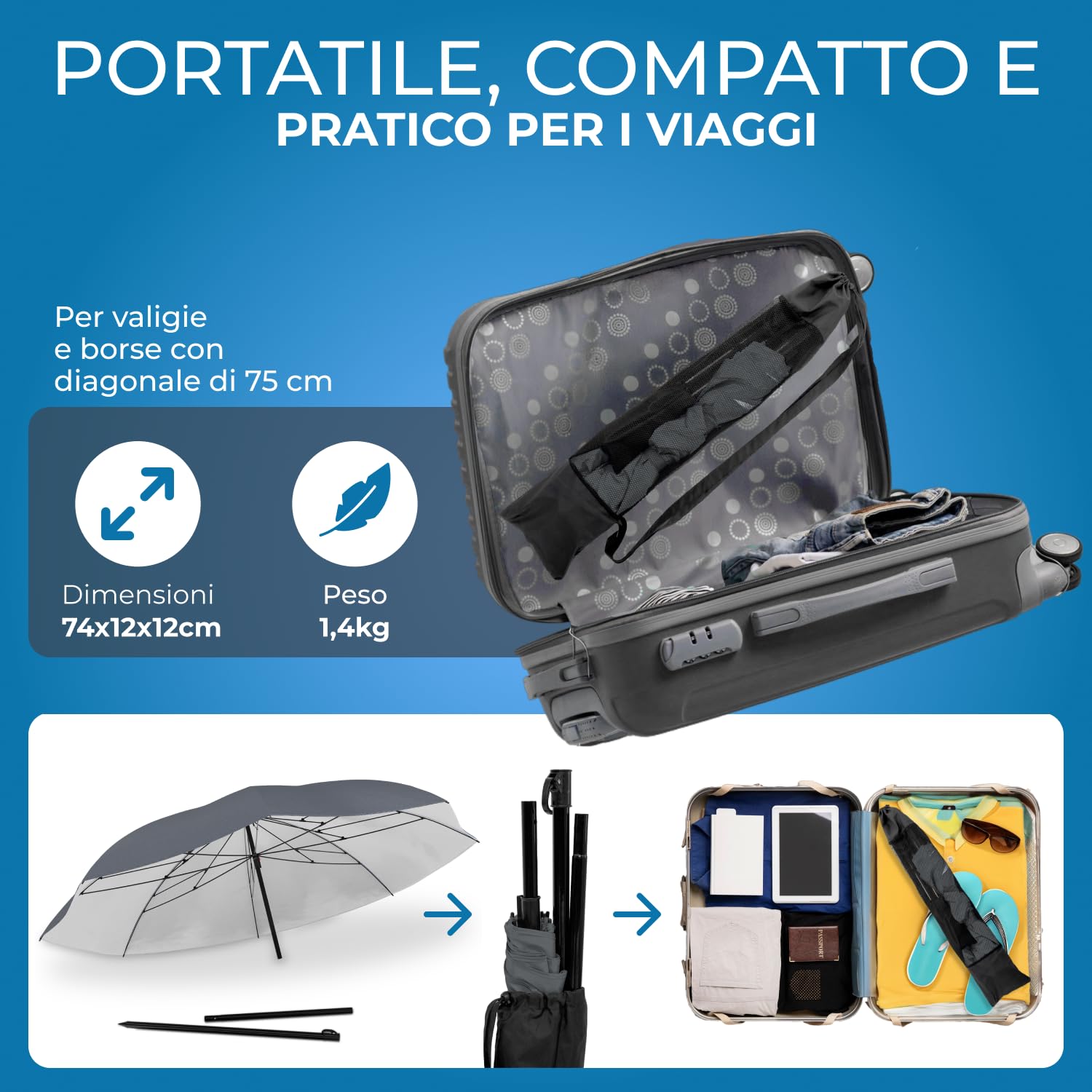 STYNGARD Ombrellone da Spiaggia Portatile protezione UV 50+ [155 cm ⌀] - Ombrellone da Viaggio con cavi di ancoraggio - Modello NICE