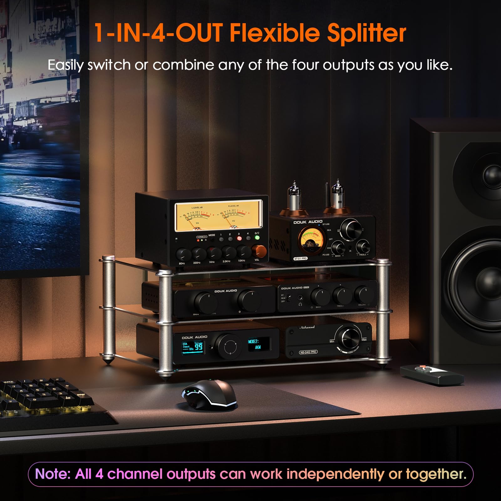Nobsound Interruttore audio D5 a 4 vie: preamplificatore EQ stereo HiFi a 5 bande e splitter RCA con VU Meter e amplificatore per cuffie per home theater/studio/DJ