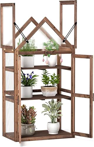 Happygrill Cold Frame, Mini Wooden Green House w/Transparent Openable Roof,