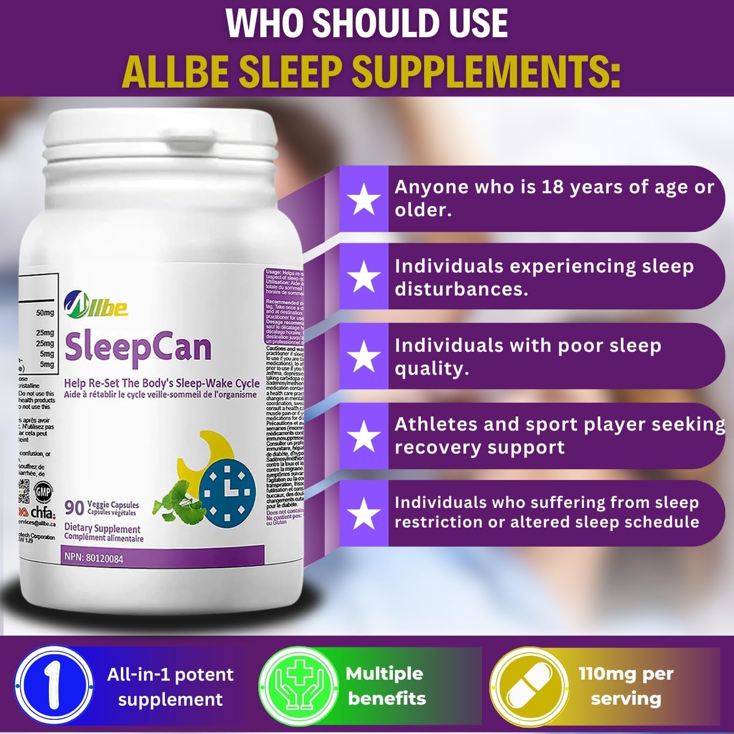 Allbe SleepCan Capsules, 5mg Melatonin with Phosphatidylserine and L-Theanine, 2 Packs of 90 Sleep-Wake Cycle Support Supplements, Serving Size: 1 Capsule Once Daily